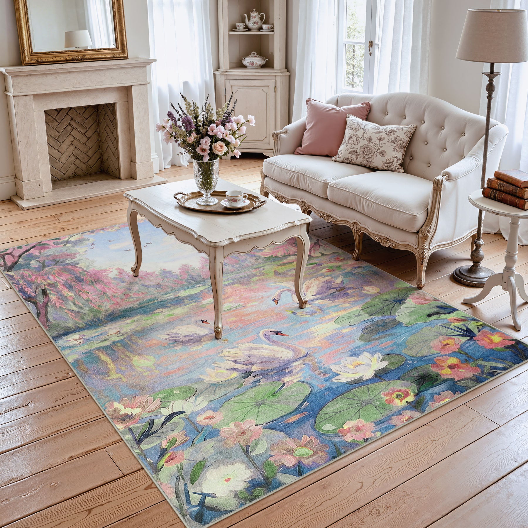 3x5/5x7 Swan Lake in oil painting style Area Rugs, Washable Living Room Runner Soft Non Slip Carpet, Oeko-Tex Certified