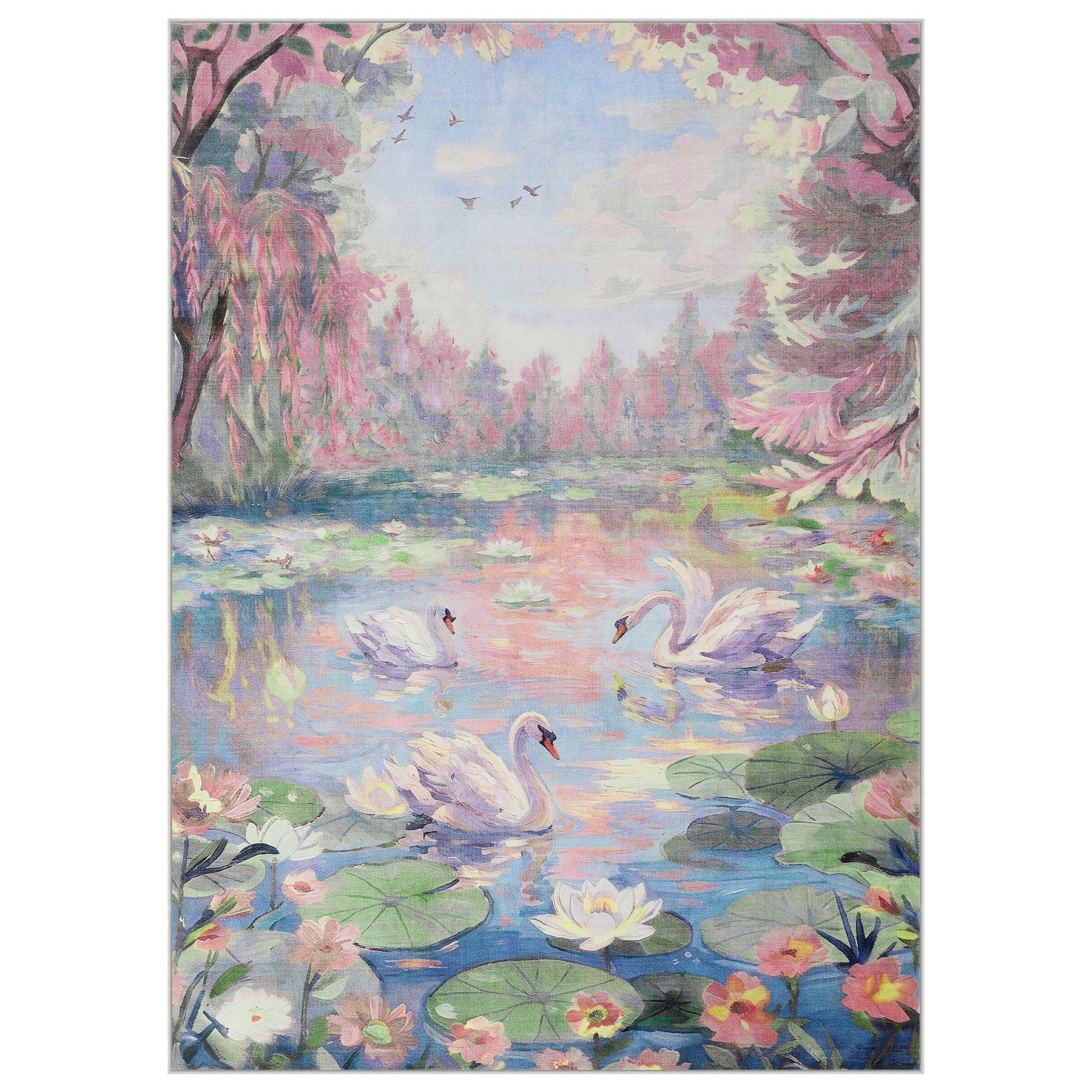 3x5/5x7 Swan Lake in oil painting style Area Rugs, Washable Living Room Runner Soft Non Slip Carpet, Oeko-Tex Certified