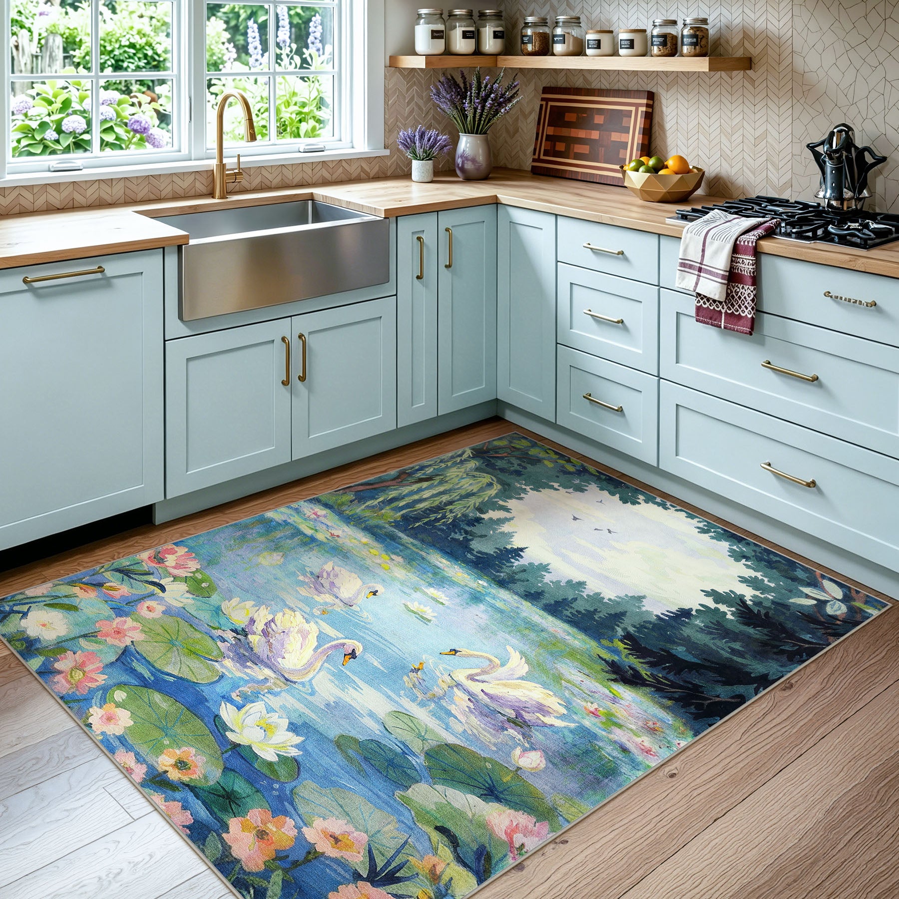 3x5/5x7 Swan Lake in oil painting style Area Rugs, Washable Living Room Runner Soft Non Slip Carpet, Oeko-Tex Certified