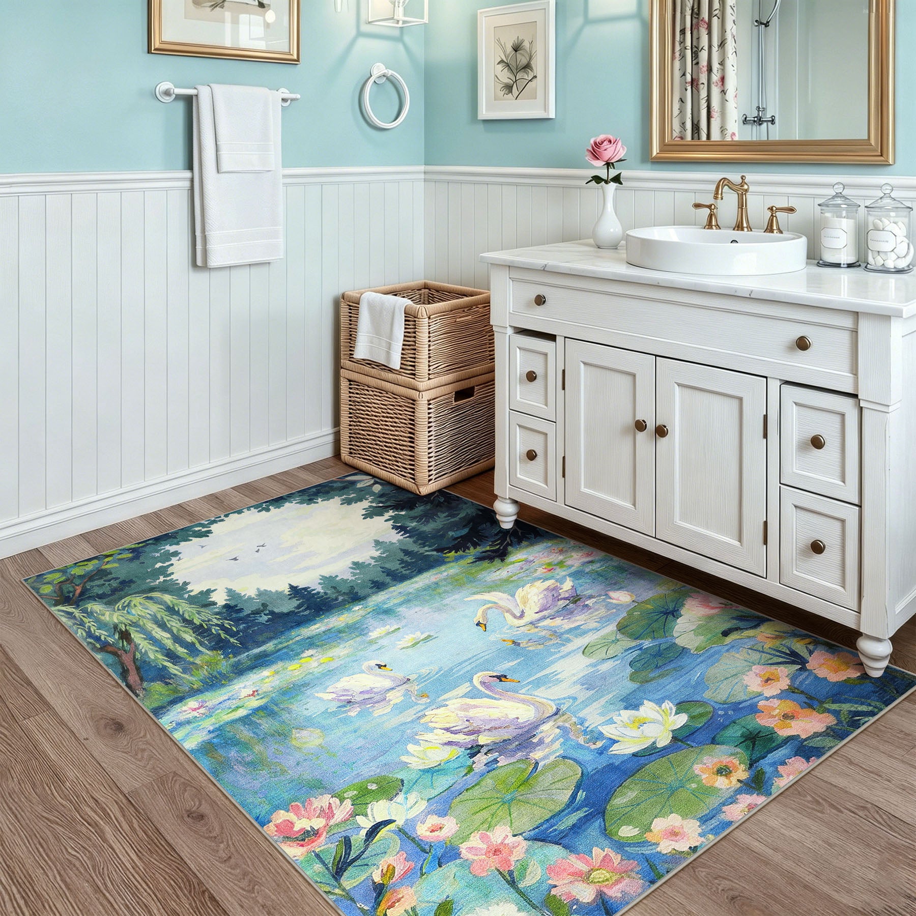 3x5/5x7 Swan Lake in oil painting style Area Rugs, Washable Living Room Runner Soft Non Slip Carpet, Oeko-Tex Certified