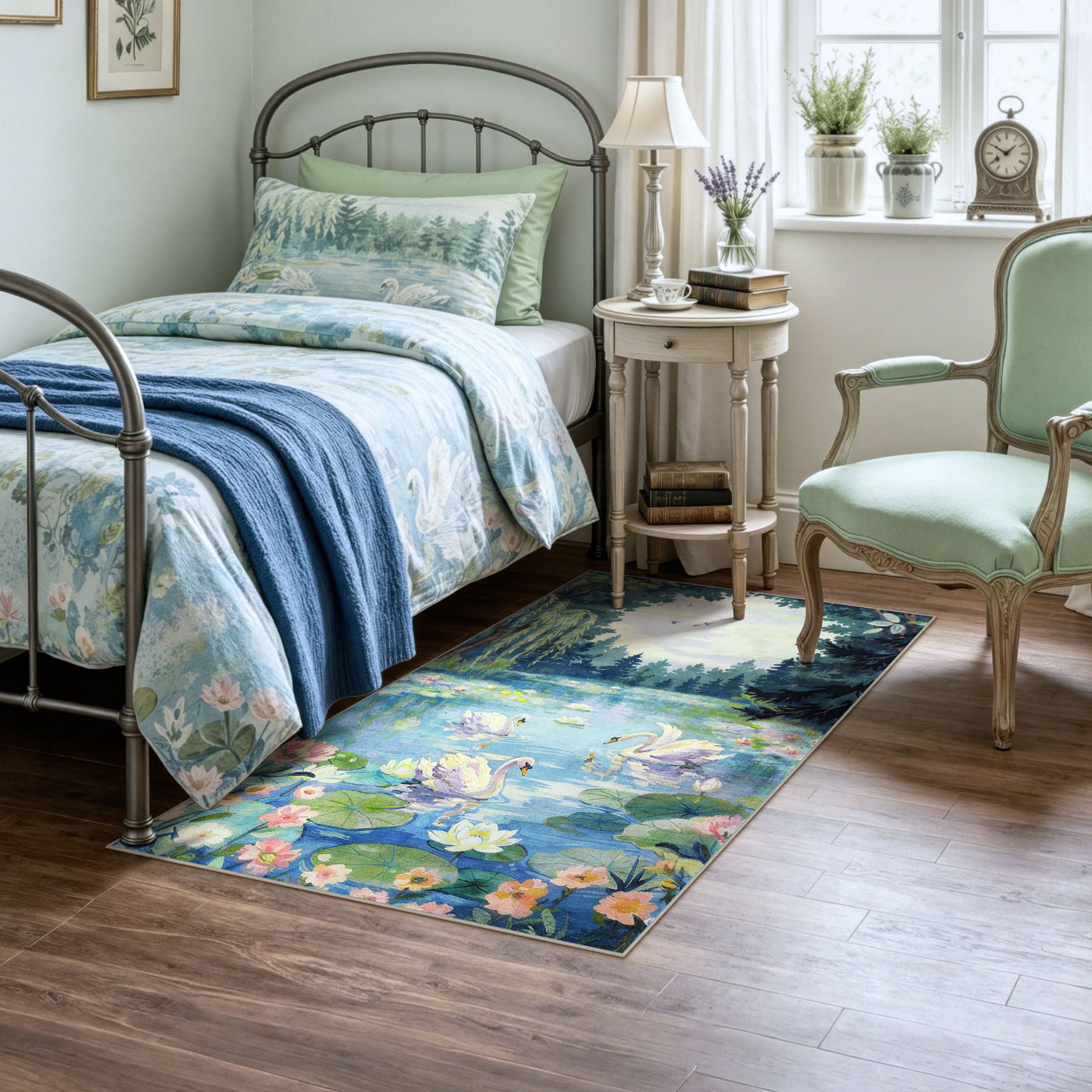 3x5/5x7 Swan Lake in oil painting style Area Rugs, Washable Living Room Runner Soft Non Slip Carpet, Oeko-Tex Certified