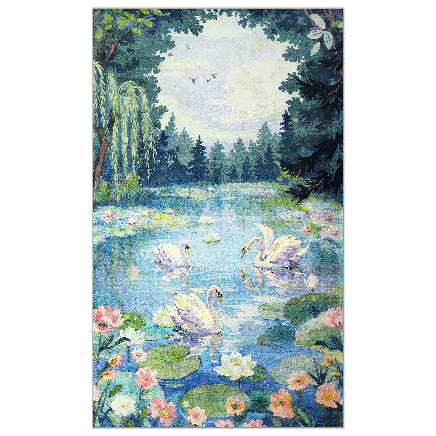 3x5/5x7 Swan Lake in oil painting style Area Rugs, Washable Living Room Runner Soft Non Slip Carpet, Oeko-Tex Certified