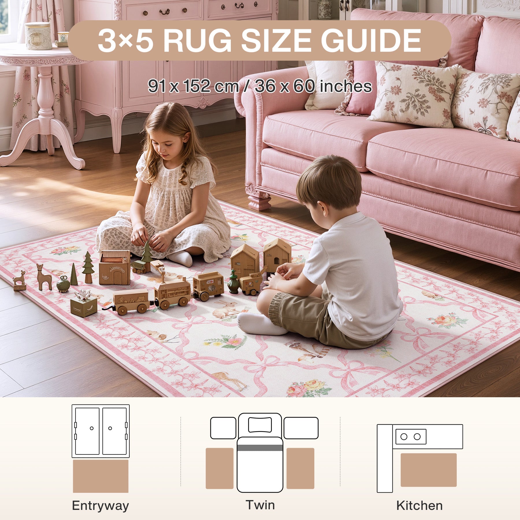 3x5/5x7 Boho Animal Floral Area Rugs for Living Room, Bow Soft Washable Non-Slip Low Pile Carpet, Oeko-Tex Certified