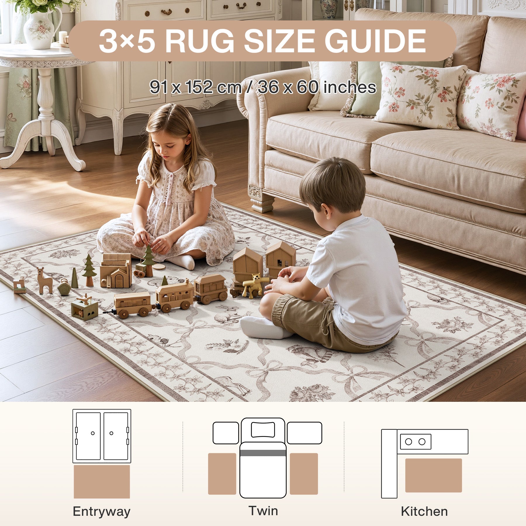 3x5/5x7 Boho Animal Floral Area Rugs for Living Room, Bow Soft Washable Non-Slip Low Pile Carpet, Oeko-Tex Certified
