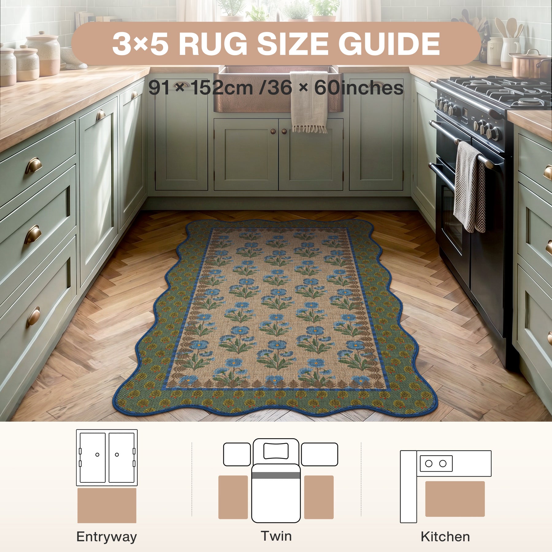 2x6/3x5 Scalloped Floral Easy Jute Washable Area Rug, Farmhouse Soft Low Pile Carpet for Hallway & Entryway, Oeko-Tex Certified