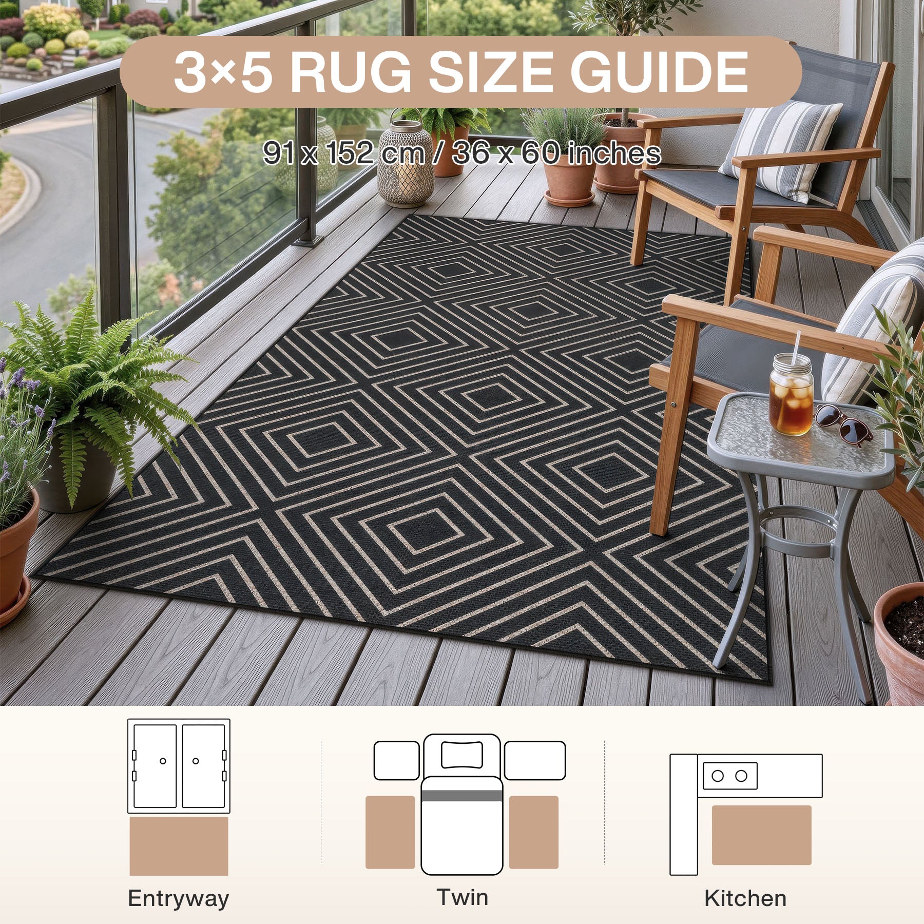 3x5 Modern Easy Jute Geometric Patio Rug, Washable Area Rugs Non-Slip Low Pile Carpet, Oeko-Tex Certified