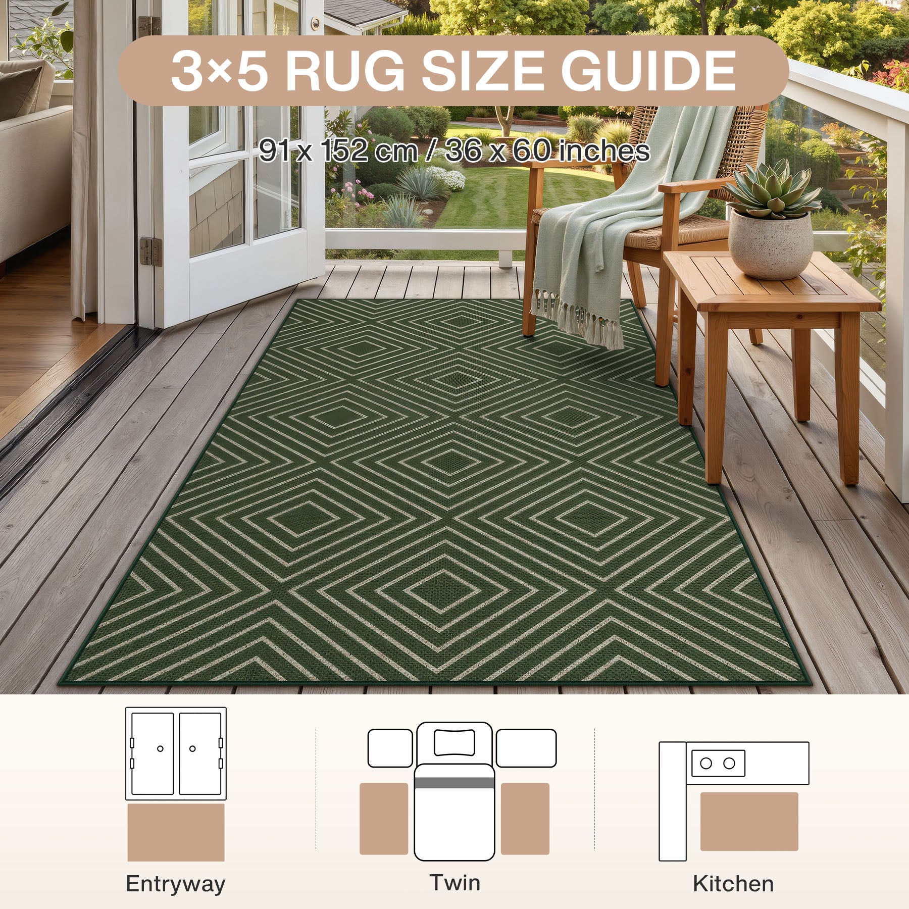 3x5 Modern Easy Jute Geometric Patio Rug, Washable Area Rugs Non-Slip Low Pile Carpet, Oeko-Tex Certified