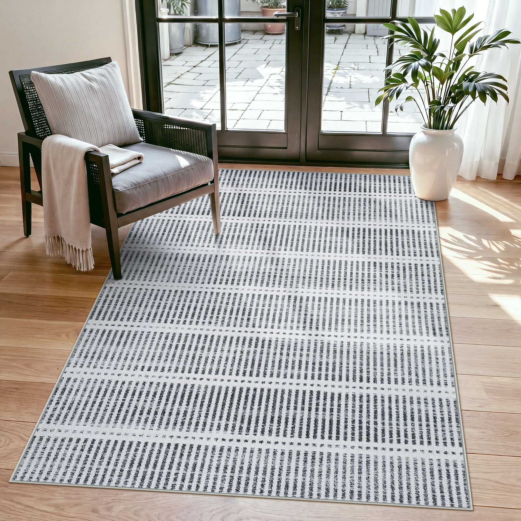 3x5/5x7 Ultra Thin Washable Area Rugs, Modern Non-Slip Striped Farmhouse Soft Indoor Carpet for Bedside Living Room, Oeko-Tex Certified