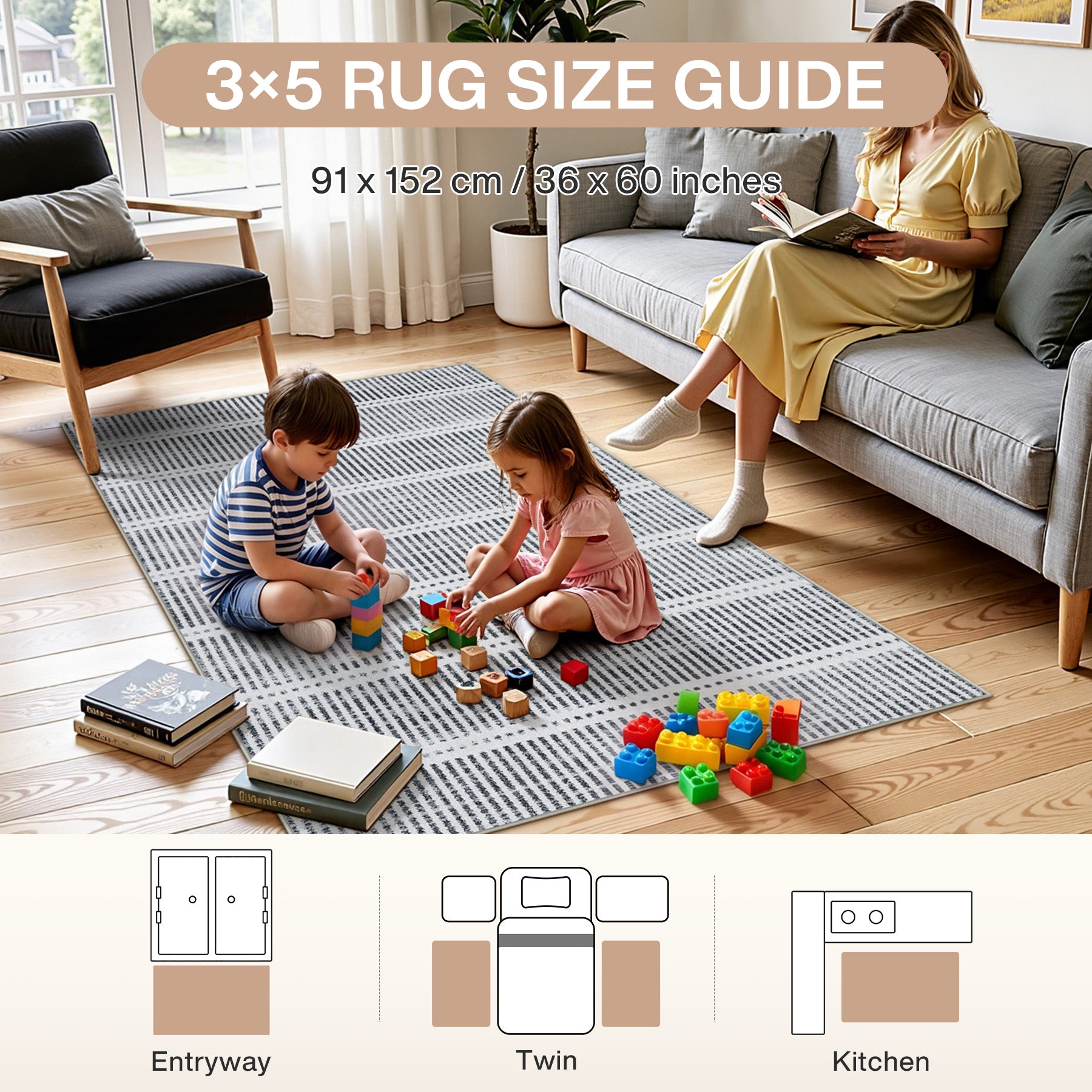 3x5/5x7 Ultra Thin Washable Area Rugs, Modern Non-Slip Striped Farmhouse Soft Indoor Carpet for Bedside Living Room, Oeko-Tex Certified