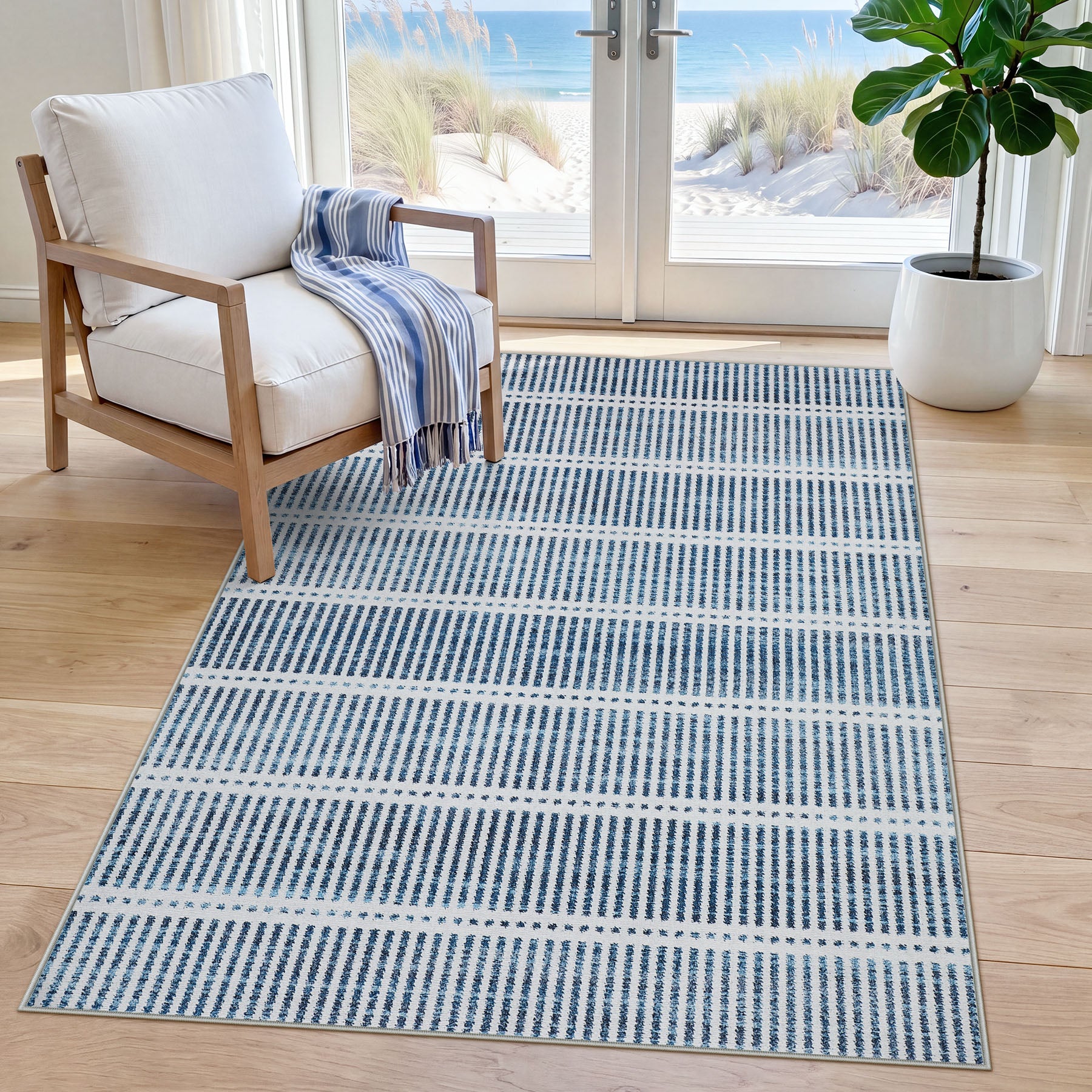 3x5/5x7 Ultra Thin Washable Area Rugs, Modern Non-Slip Striped Farmhouse Soft Indoor Carpet for Bedside Living Room, Oeko-Tex Certified