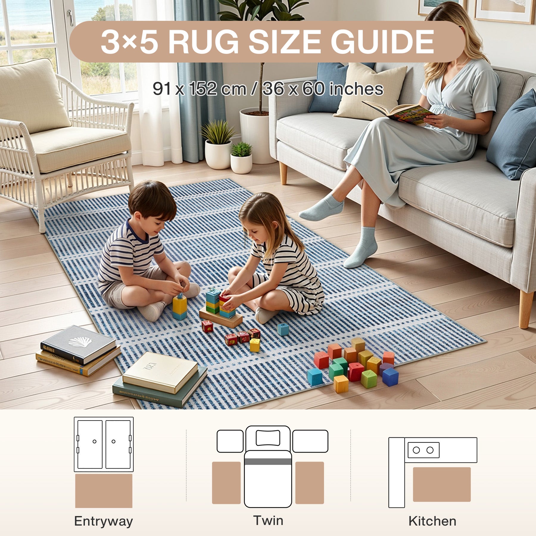 3x5/5x7 Ultra Thin Washable Area Rugs, Modern Non-Slip Striped Farmhouse Soft Indoor Carpet for Bedside Living Room, Oeko-Tex Certified