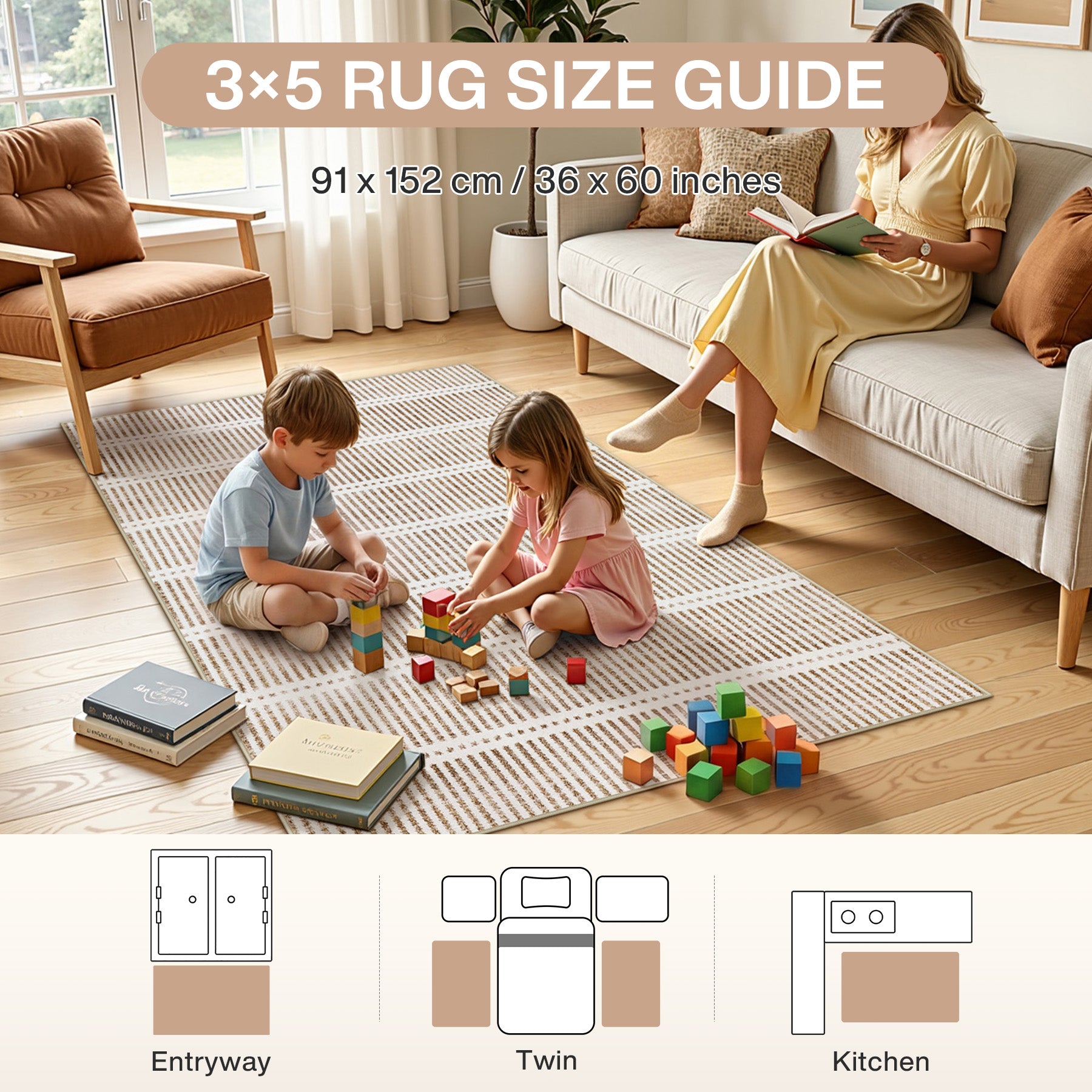 3x5/5x7 Ultra Thin Washable Area Rugs, Modern Non-Slip Striped Farmhouse Soft Indoor Carpet for Bedside Living Room, Oeko-Tex Certified