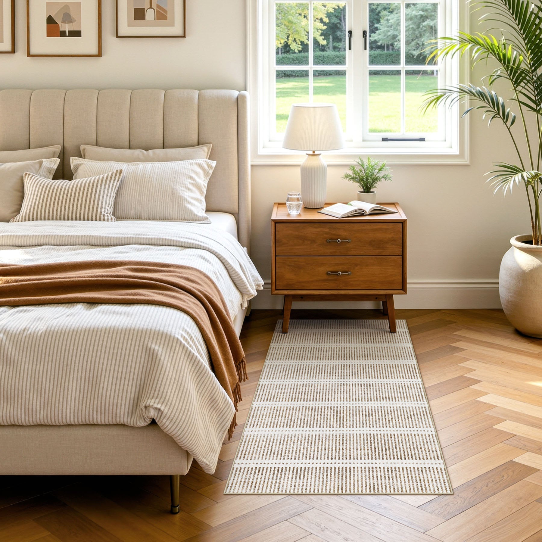 3x5/5x7 Ultra Thin Washable Area Rugs, Modern Non-Slip Striped Farmhouse Soft Indoor Carpet for Bedside Living Room, Oeko-Tex Certified