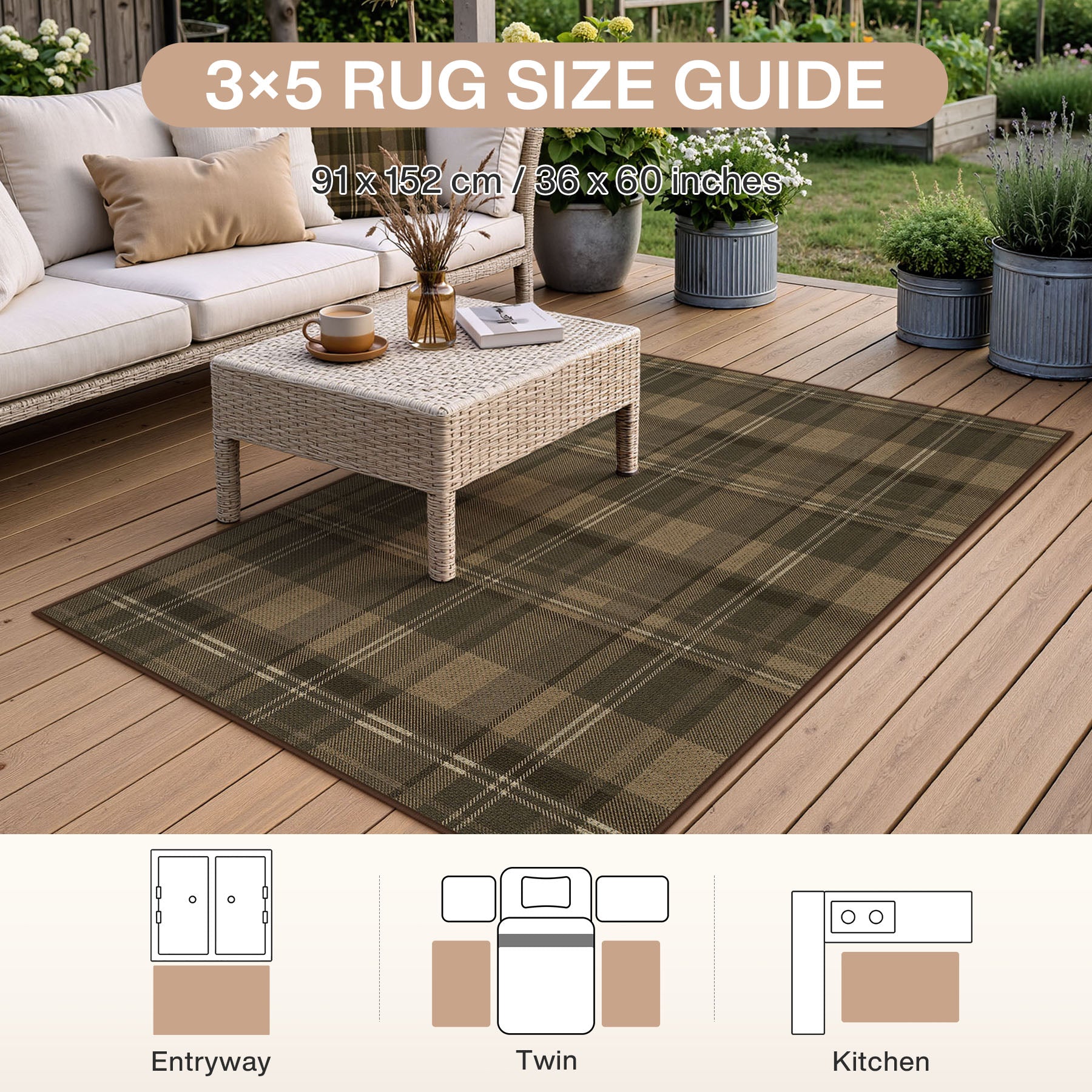 3x5/5x7 Plaid Easy Jute Washable Area Rug, Farmhouse Non-Slip Indoor Carpet for Porch Living Bedroom, Oeko-Tex Certified