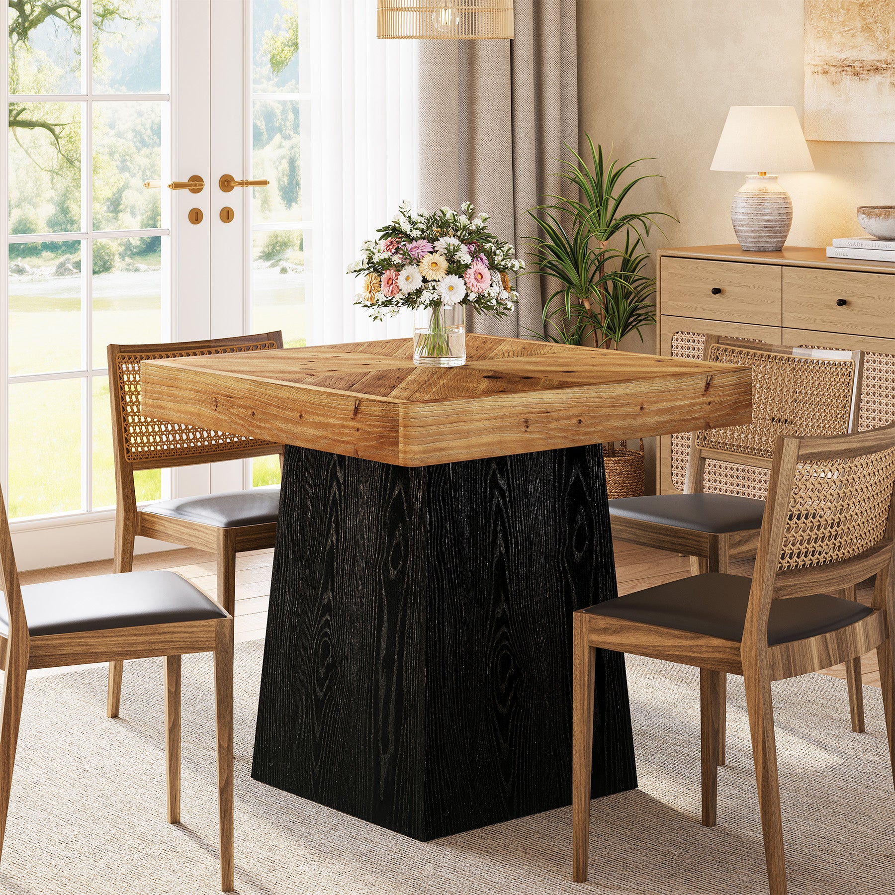 31" Solid Wood Square Dining Table for 2–4, Farmhouse Kitchen Table with Parquet Top & Tapered Base