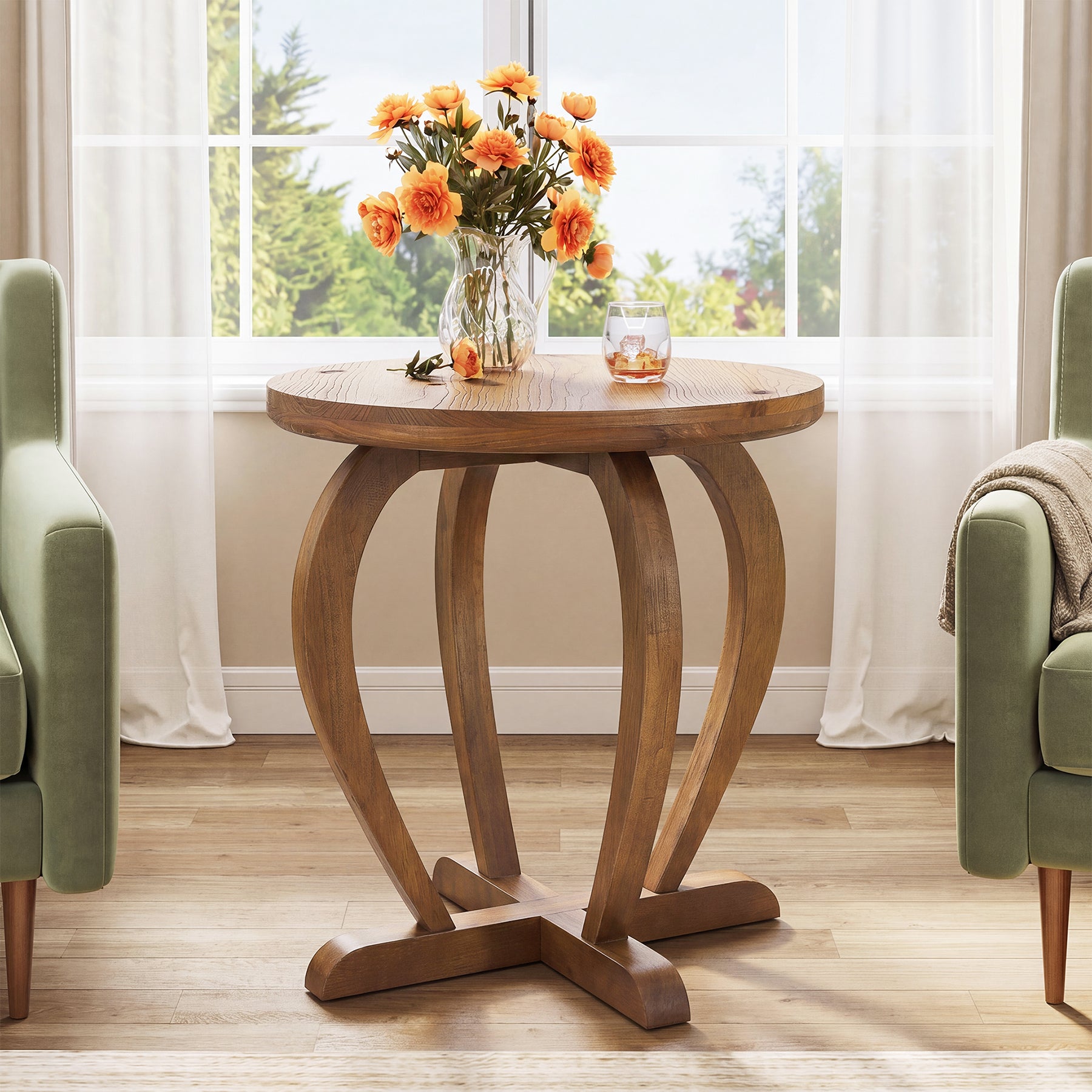 Solid Wood Round End Table, Accent Side Table with Curved Base for Living Room