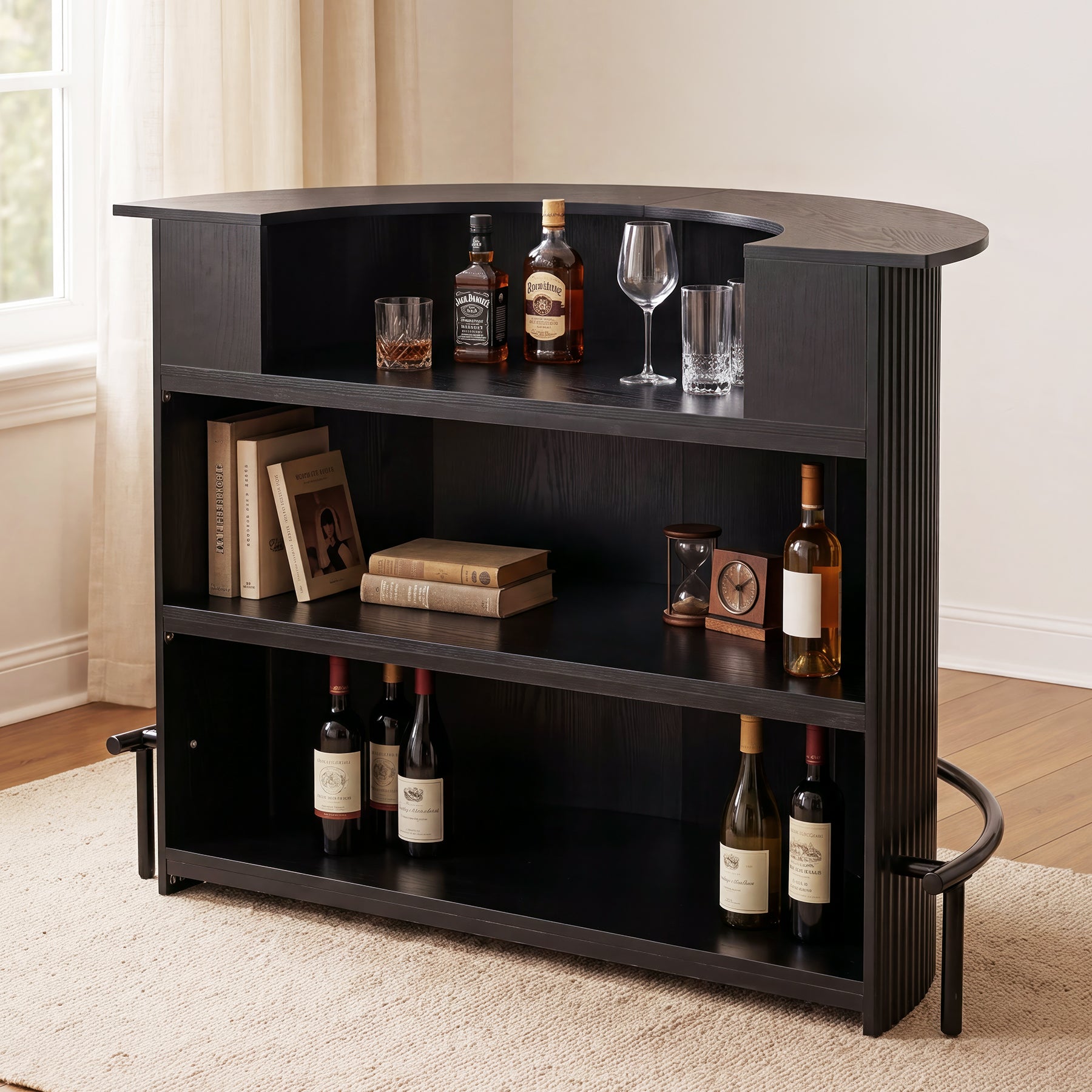 4-Tier Bar Table, Arc-Shaped Home Bar Units with Metal Footrest for Home Kitchen