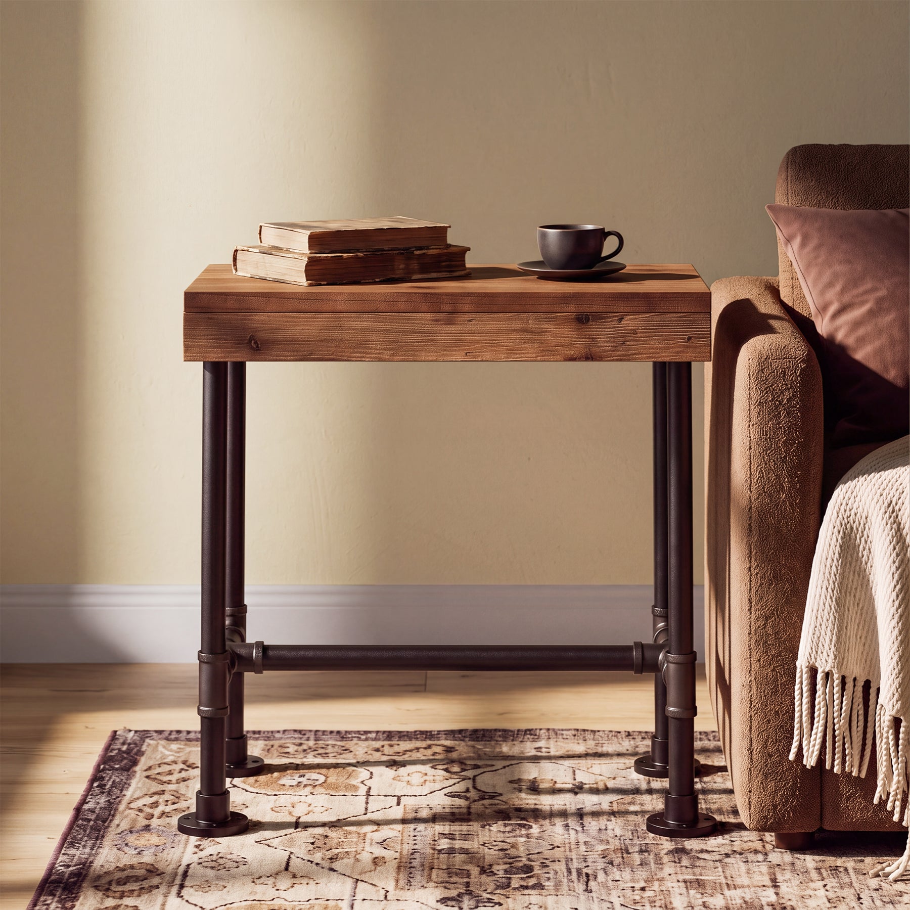Industrial Narrow End Table with Metal Pipe Frame, Solid Wood Side Table, Living Room