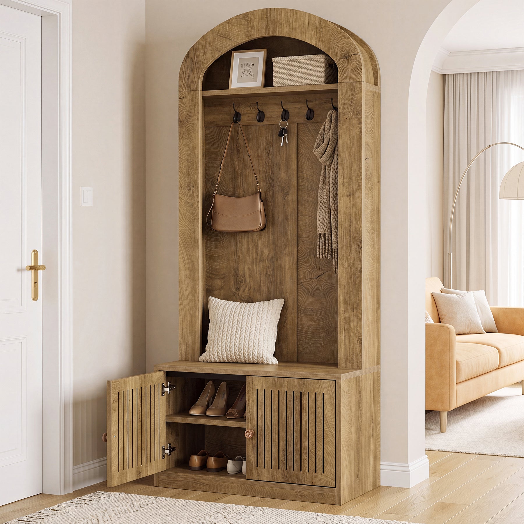 70.9" Hall Tree With Bench and Shoe Storage, 4-In-1 Entryway Bench With Storage Shelves