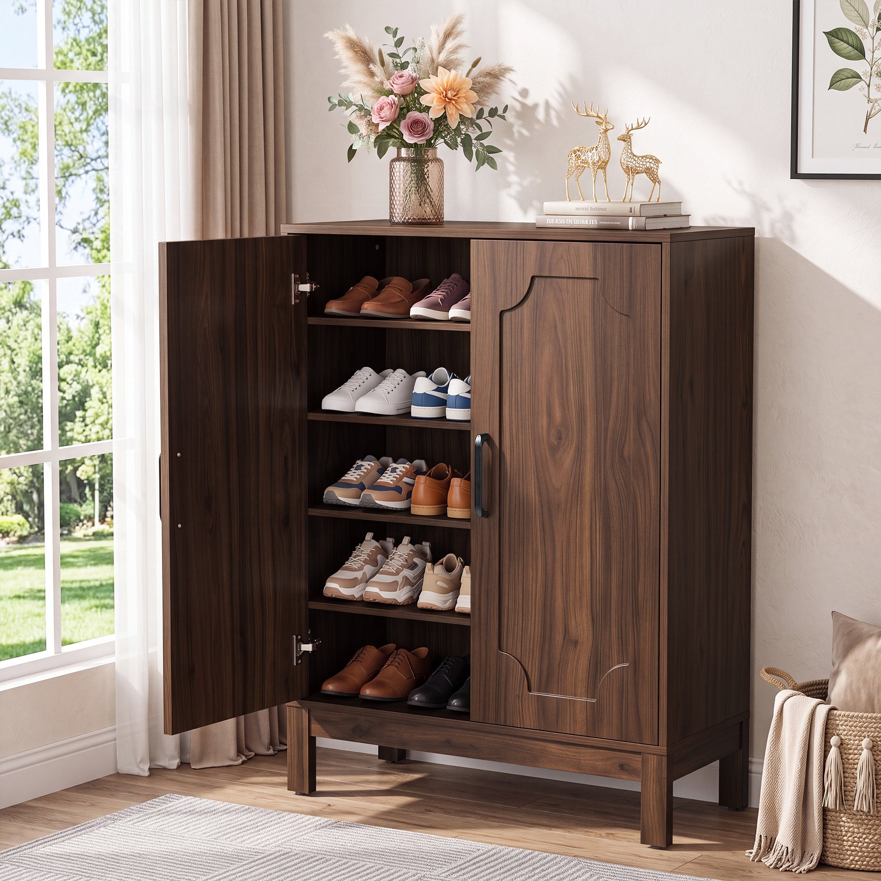 5-Tier Shoe Cabinet, Farmhouse Shoe Storage Organizer with Doors & Adjustable Shelves