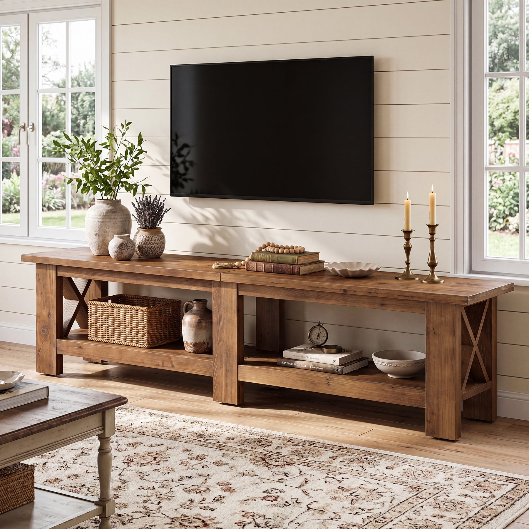 70.87" Solid Wood TV Stand for TVs up to 80", Farmhouse Entertainment Center with Storage Shelves