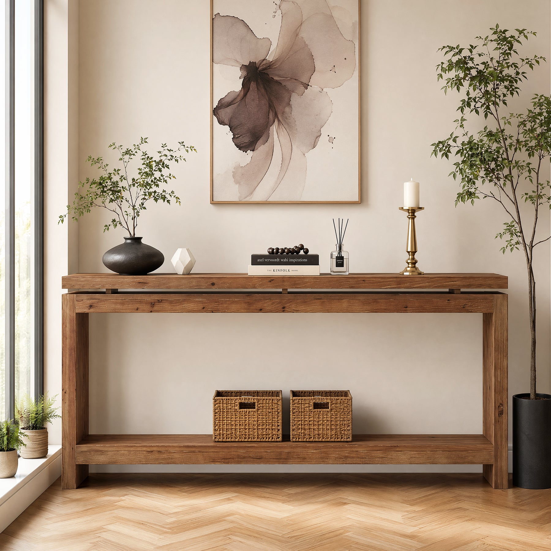 63" Solid Wood Console Table, 2-Tier Accent Sofa Table with Layered Double-Top Design