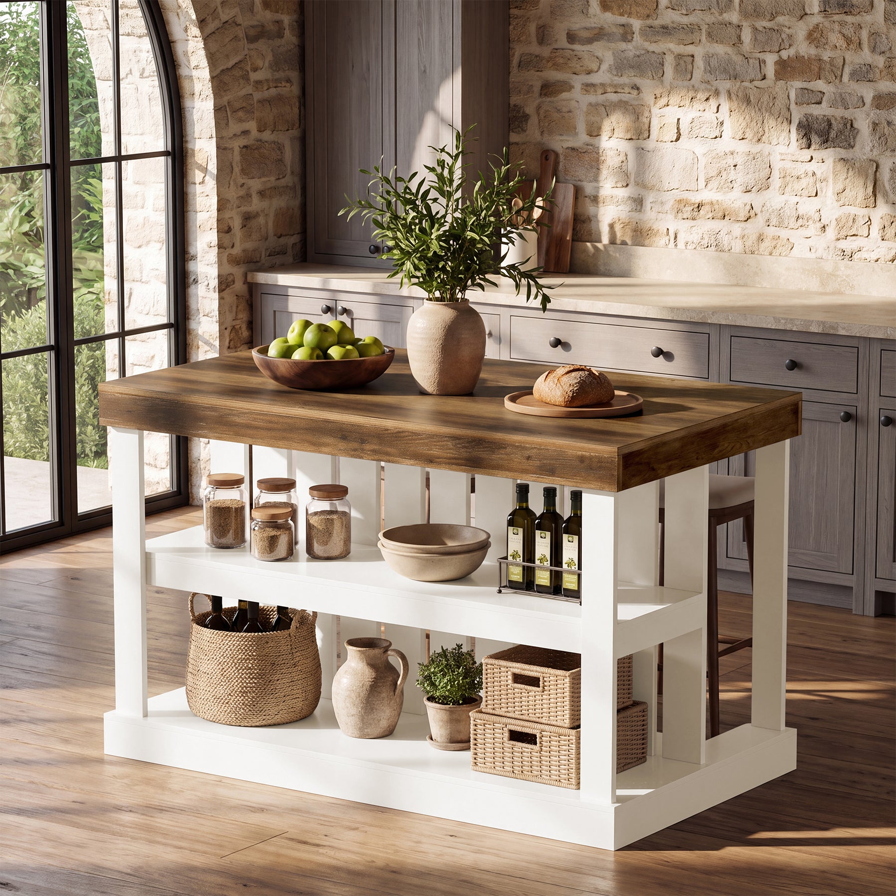 55-Inch Kitchen Island with Storage, Farmhouse Freestanding Island Table