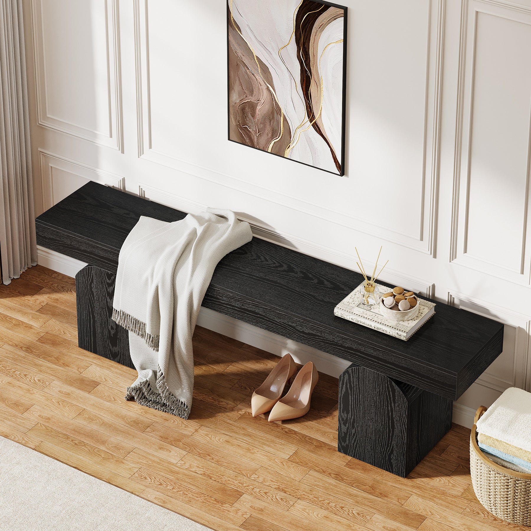 59" Entryway Bench, Long Shoe Bench with Arched Bases
