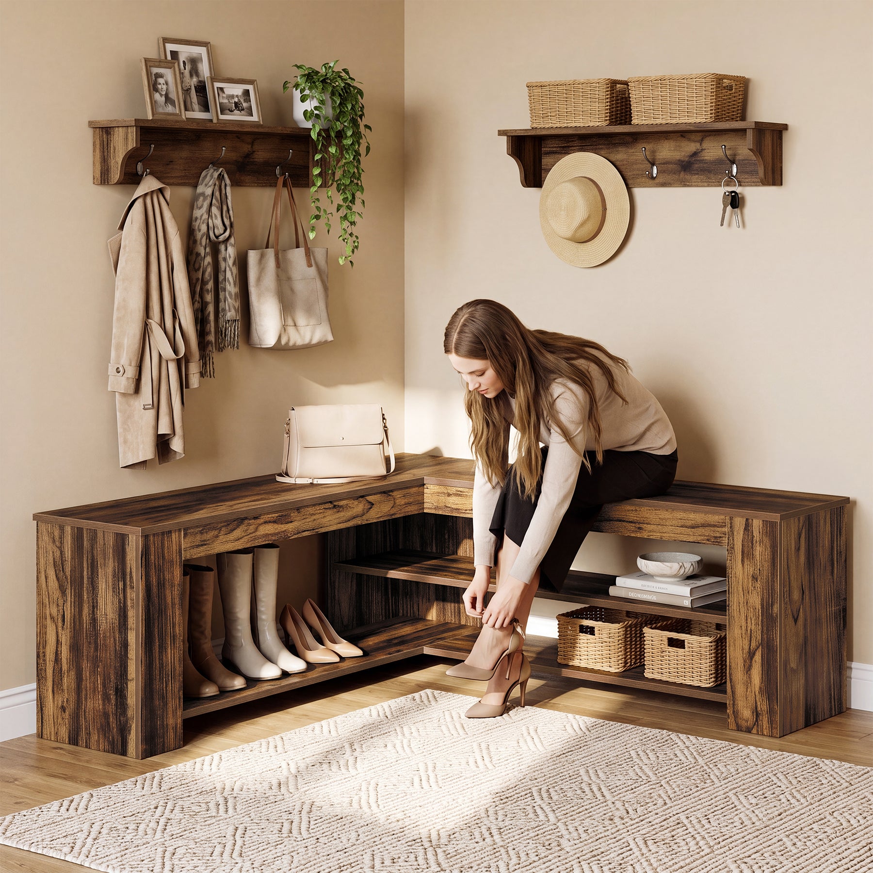 47" L-Shaped Corner Shoe Bench with Storage, Entryway Bench with Open Shelves for Boots & Shoes