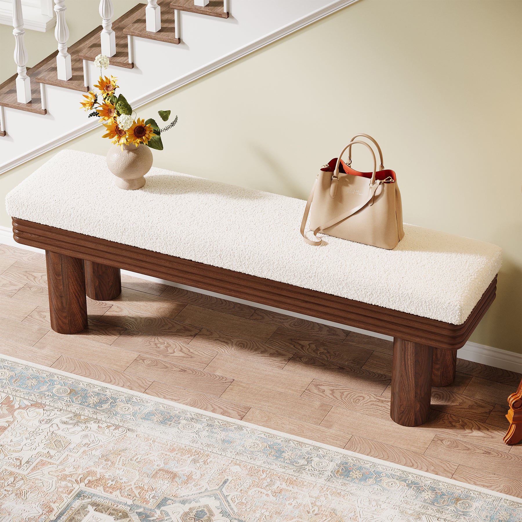 55" Upholstered Entryway Bench, Modern Shoe Bench with Faux Shearling Padded Seat