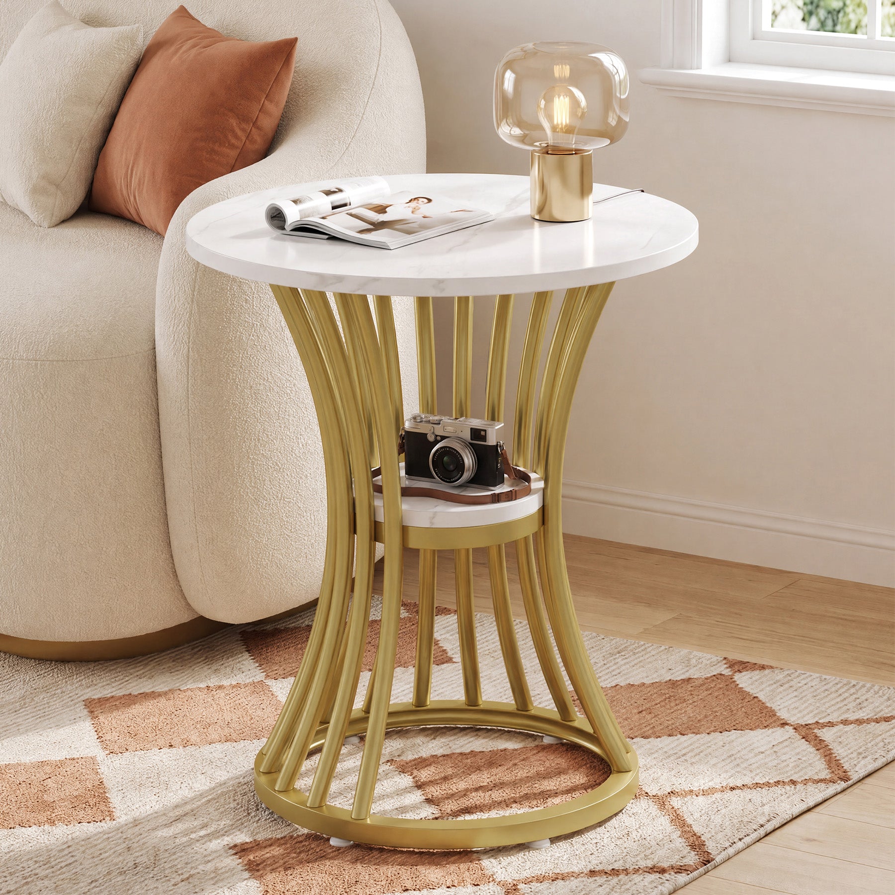 19" Round Faux Marble End Table, 2-Tier Modern Side Table, Indoor Outdoor, Living Room Patio