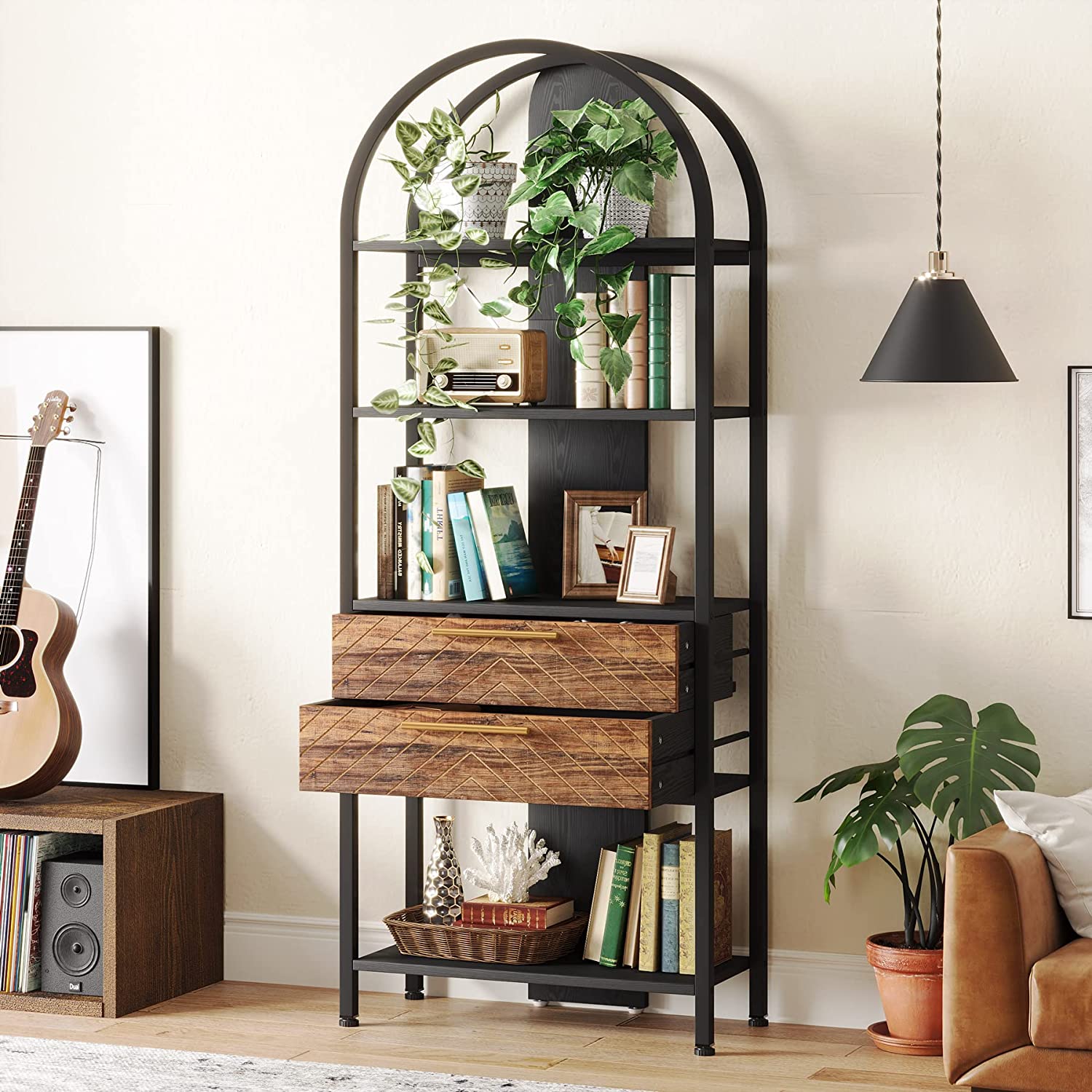 Tribesigns Bookshelf, 4-Tier Industrial Bookcase with 2 Drawers & LED Light Tribesigns