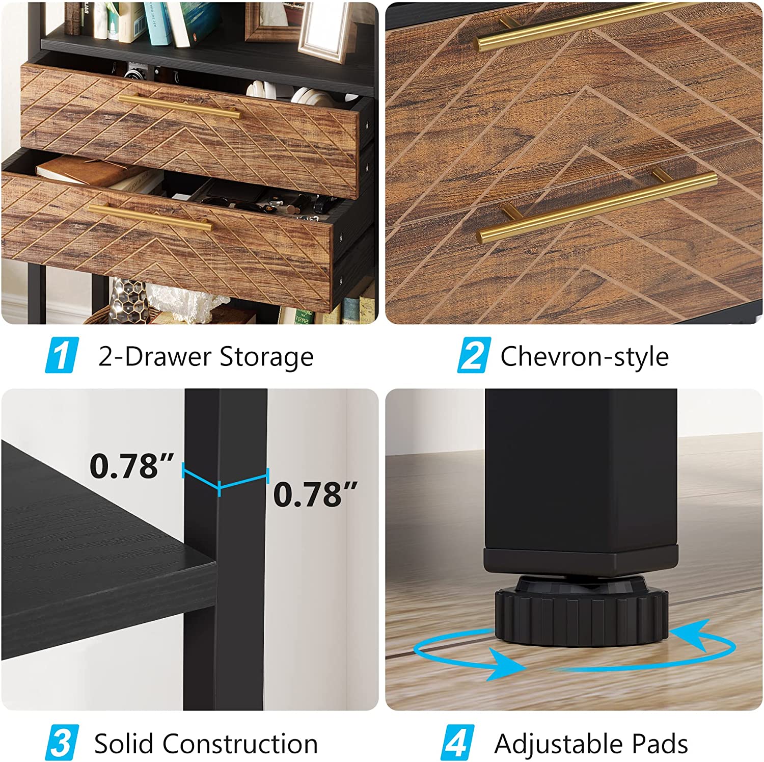 Tribesigns Bookshelf, 4-Tier Industrial Bookcase with 2 Drawers & LED Light Tribesigns