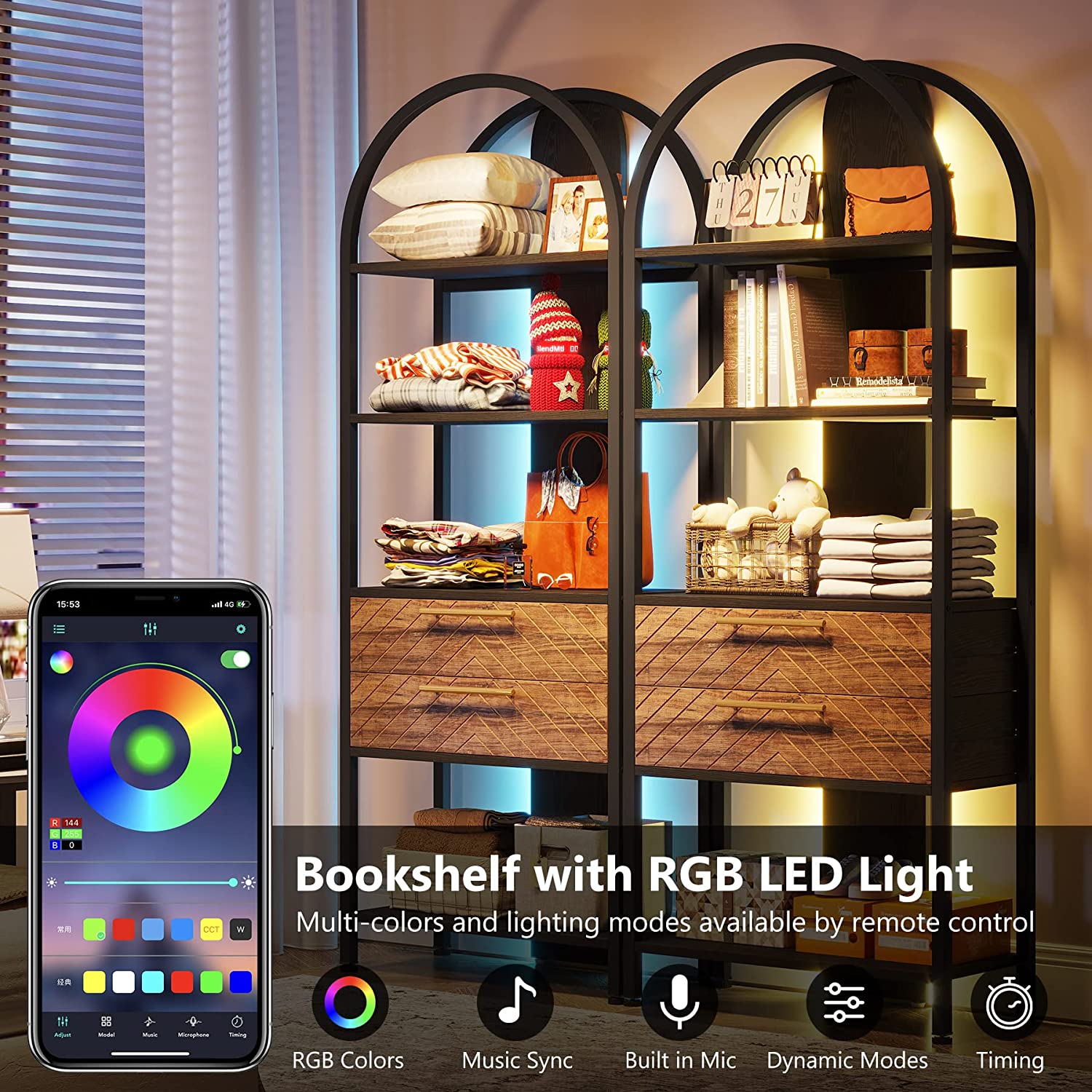 Tribesigns Bookshelf, 4-Tier Industrial Bookcase with 2 Drawers & LED Light Tribesigns