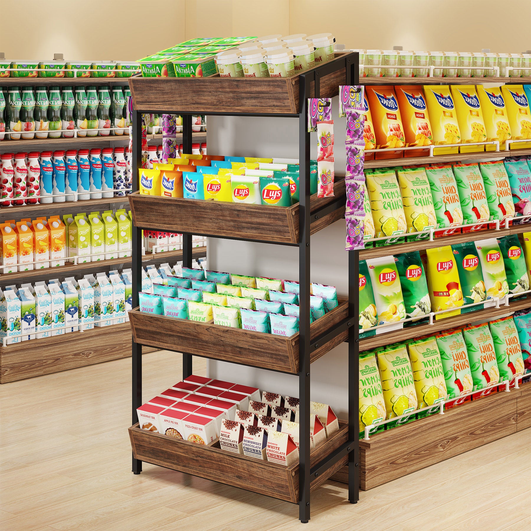 4-Tier Retail Display Rack, Wooden Snack Candy Rack Storage Shelf Organizer