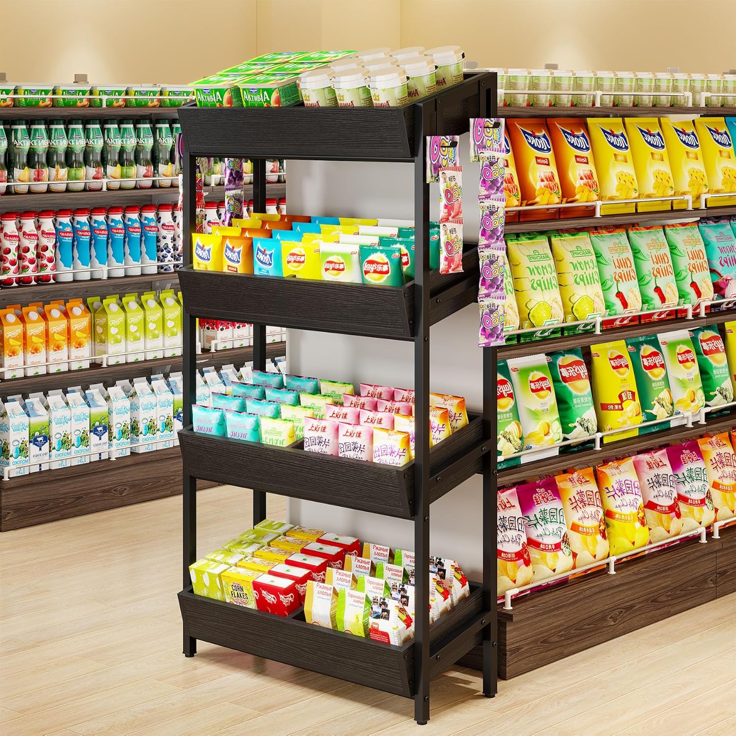 4-Tier Retail Display Rack, Wooden Snack Candy Rack Storage