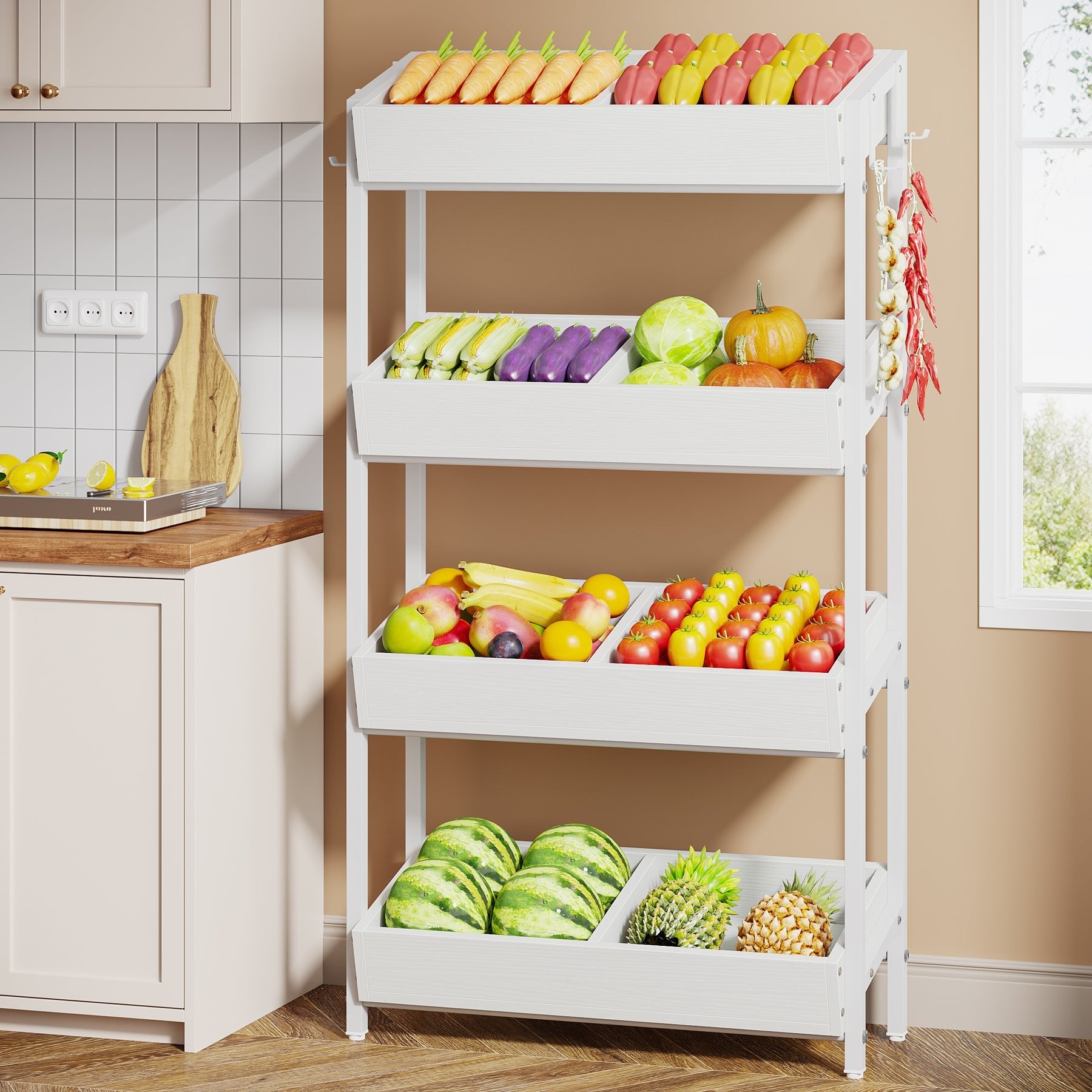 Fruit and Vegetable Storage Rack, 4-Tier Wooden Stand-Tribesigns