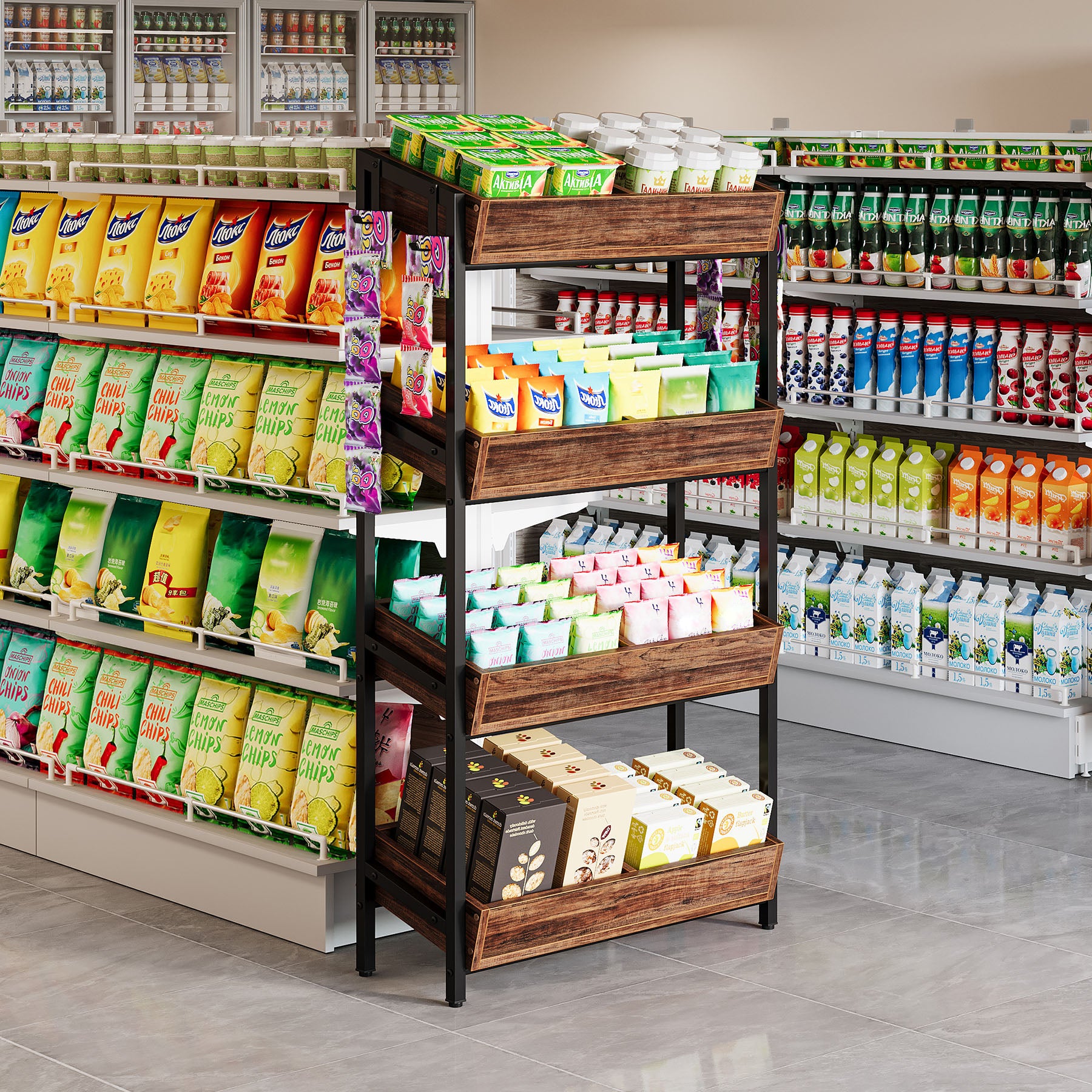 4-Tier Retail Display Rack, Wooden Snack Candy Rack Storage Shelf Organizer