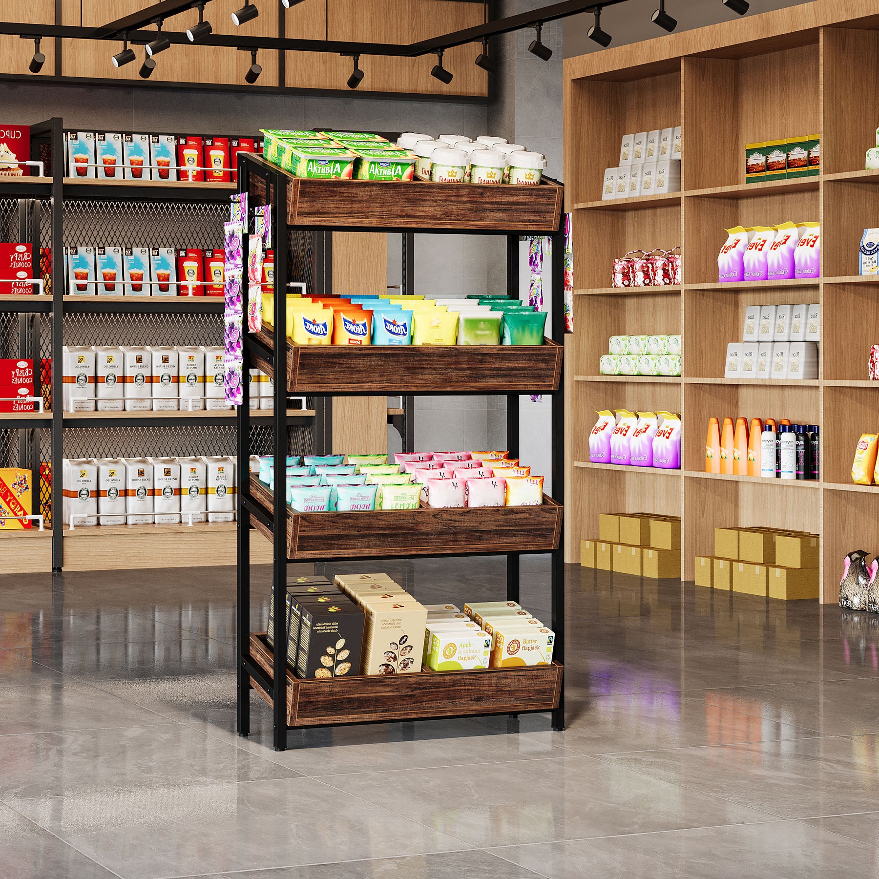 4-Tier Retail Display Rack, Wooden Snack Candy Rack Storage Shelf Organizer