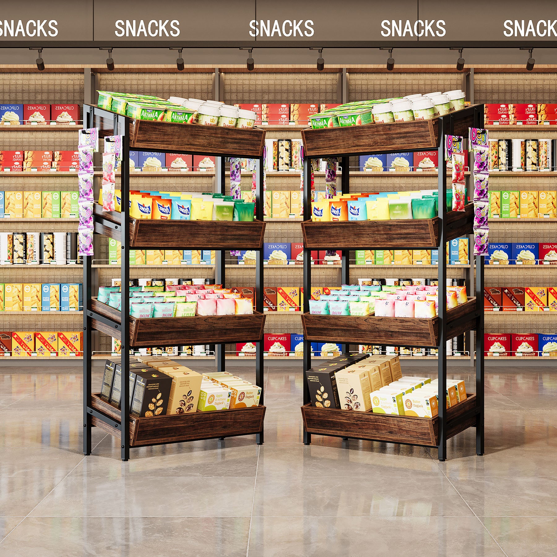 4-Tier Retail Display Rack, Wooden Snack Candy Rack Storage Shelf Organizer