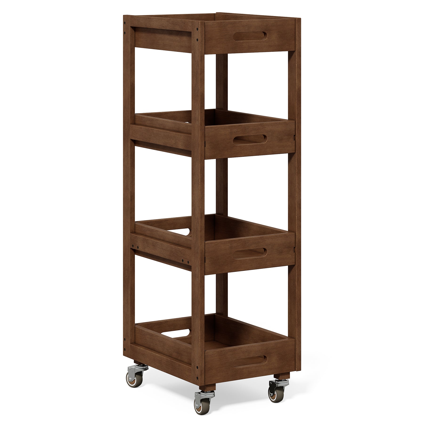 4-Tier Slim Storage Cart, Solid Wood Kitchen Rolling Cart Utility Organizer Shelving Unit