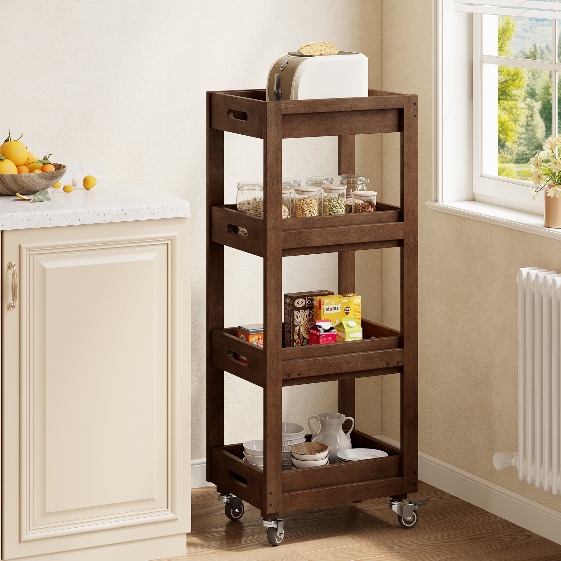 4-Tier Slim Storage Cart, Solid Wood Kitchen Rolling Cart Utility Organizer Shelving Unit