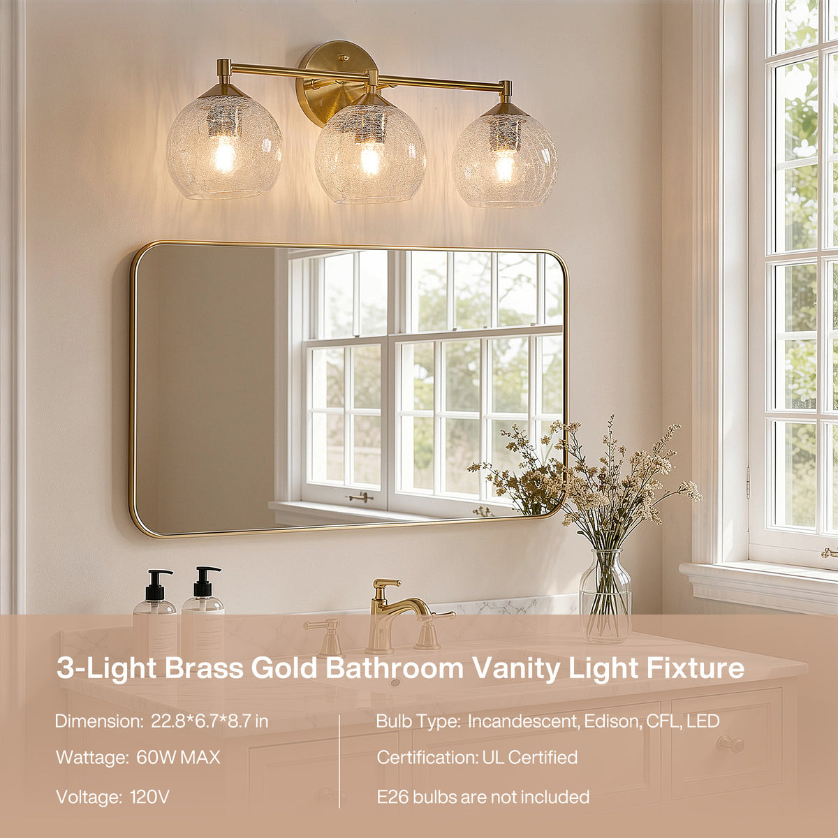 3-Light Bathroom Dimmable Vanity Light，Broken glass design