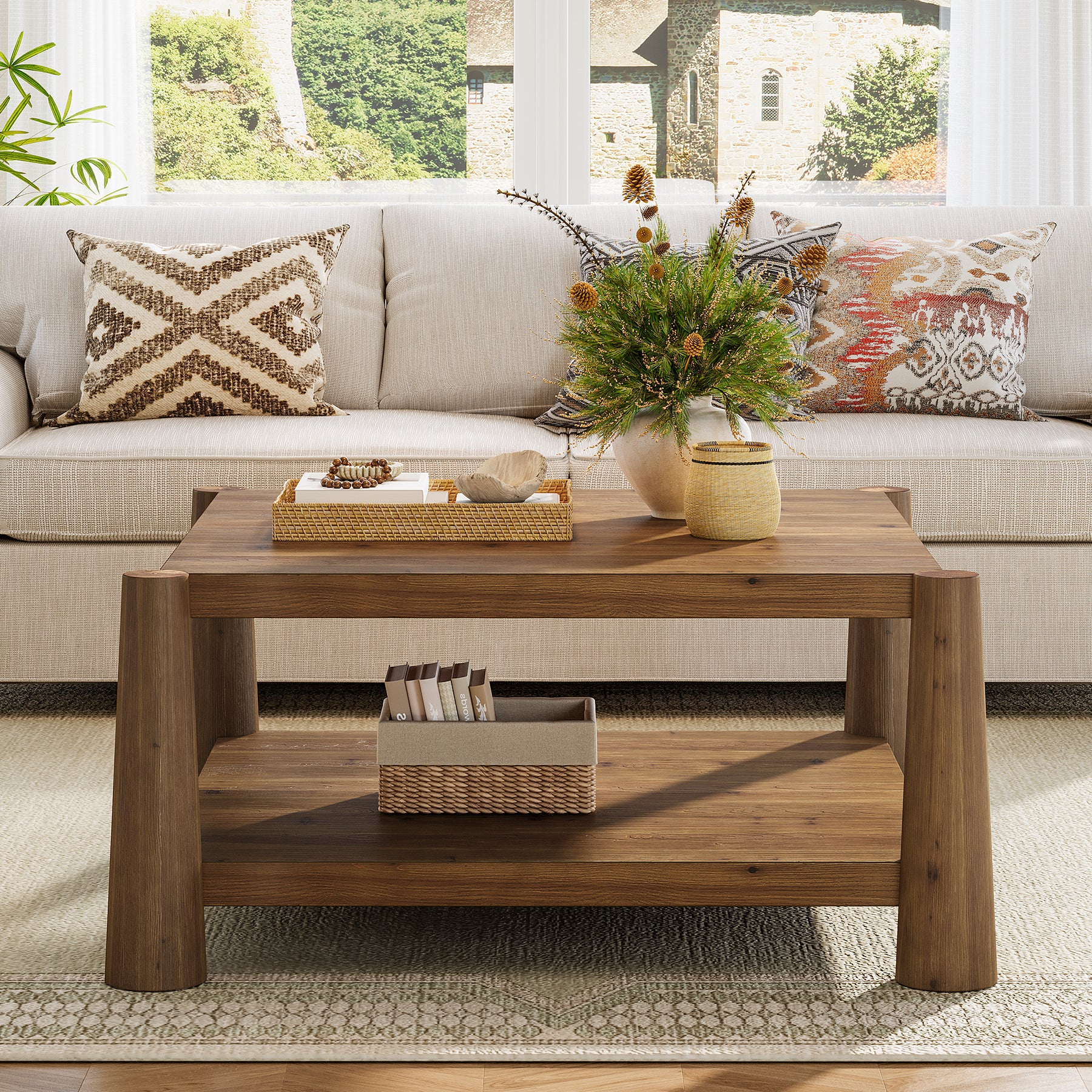 Square Solid Wood Coffee Table, 34" Farmhouse Center Table with 2-Tier Storage