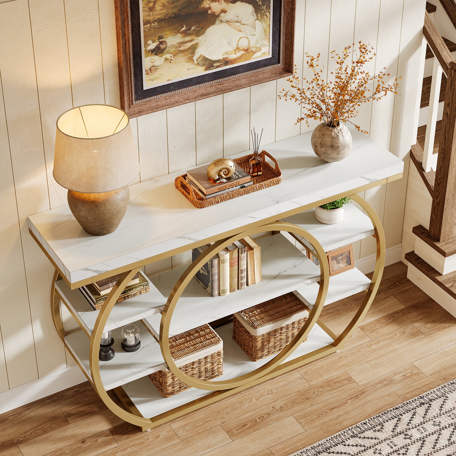 47.24" Console Table, 5-Tier Industrial Sofa Table with Metal Frame