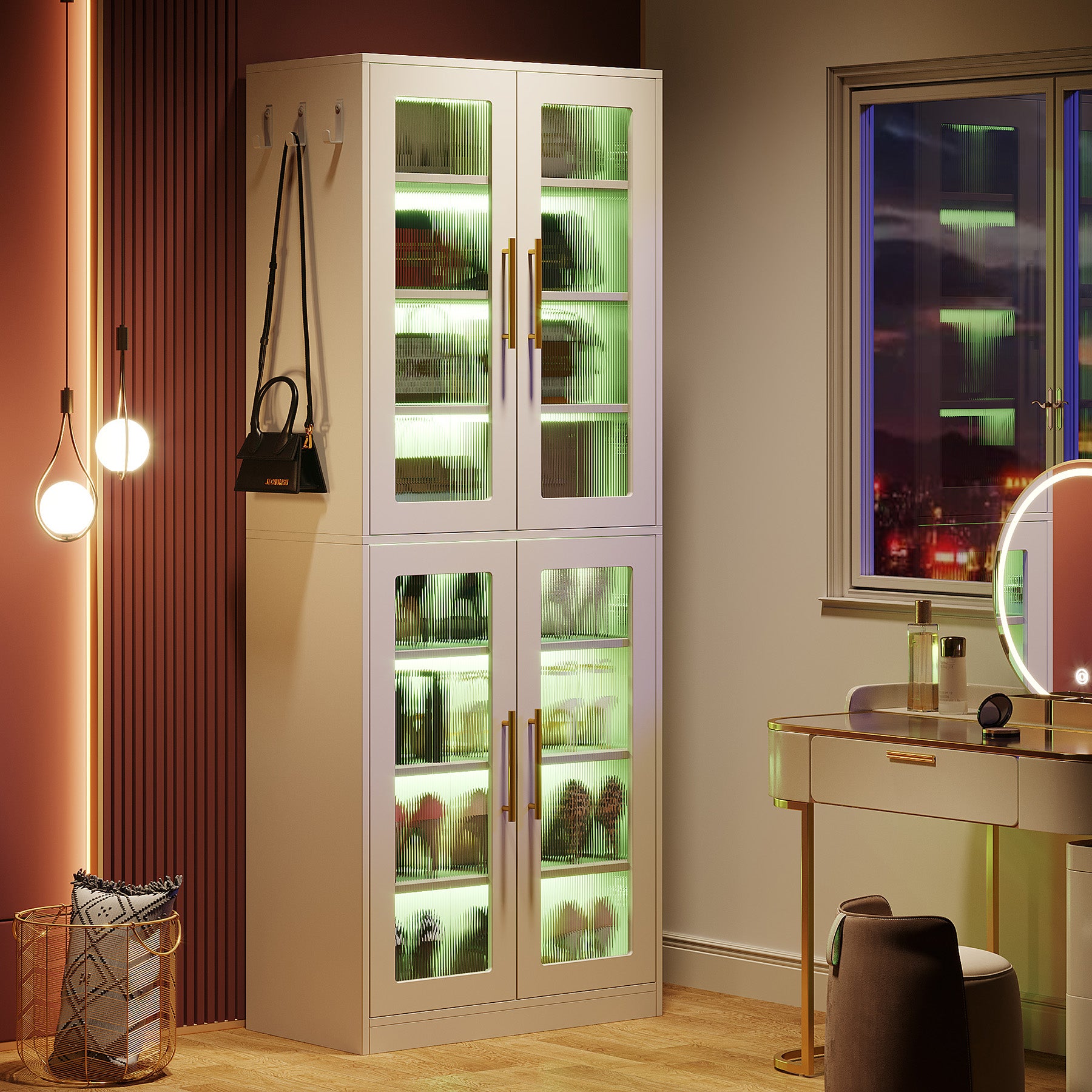 66.9" Tall Shoe Storage Cabinet, 8-Tier Entryway Shoe Organizer Rack with Acrylic Doors and LED Lights