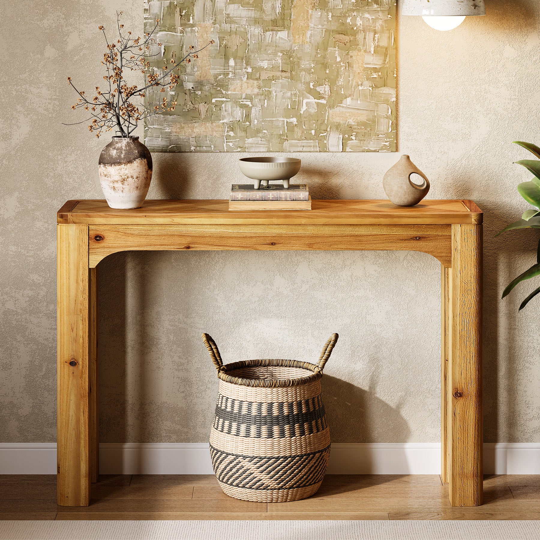 41.3" Wood Sofa Table, Farmhouse Entryway Console Table with Exquisite Parquet Top