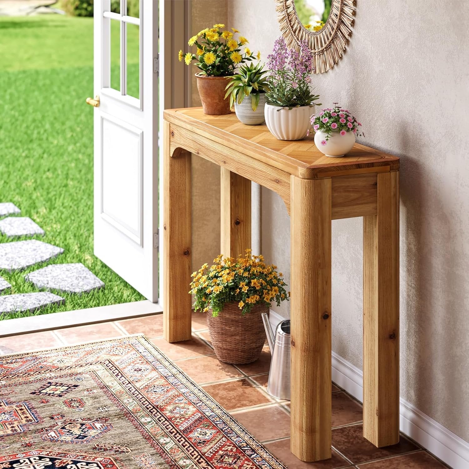 41.3" Wood Sofa Table, Farmhouse Entryway Console Table with Exquisite Parquet Top