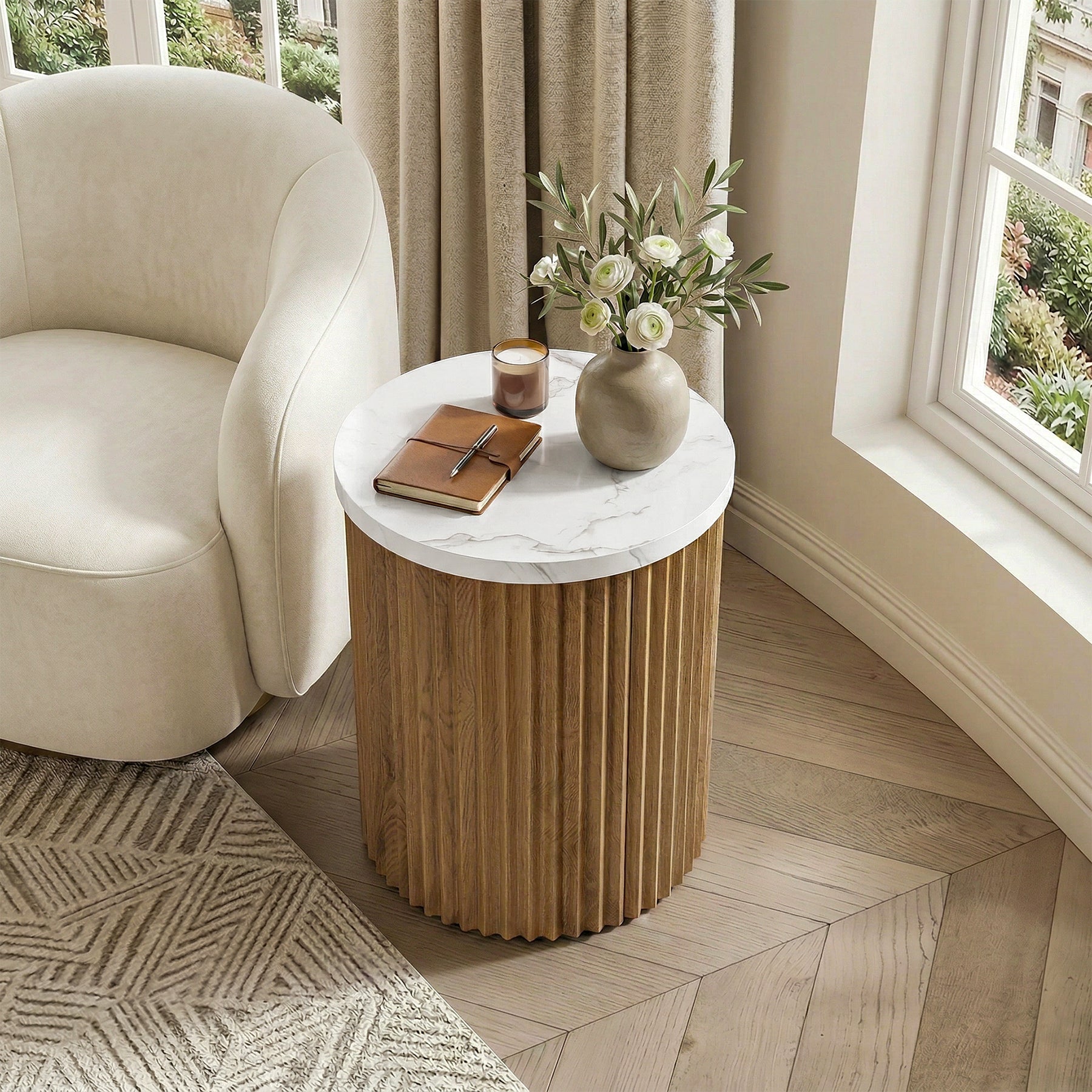 Round Nightstand, 23.6" Bedside Table with Faux Marble Tabletop & Fluted Base