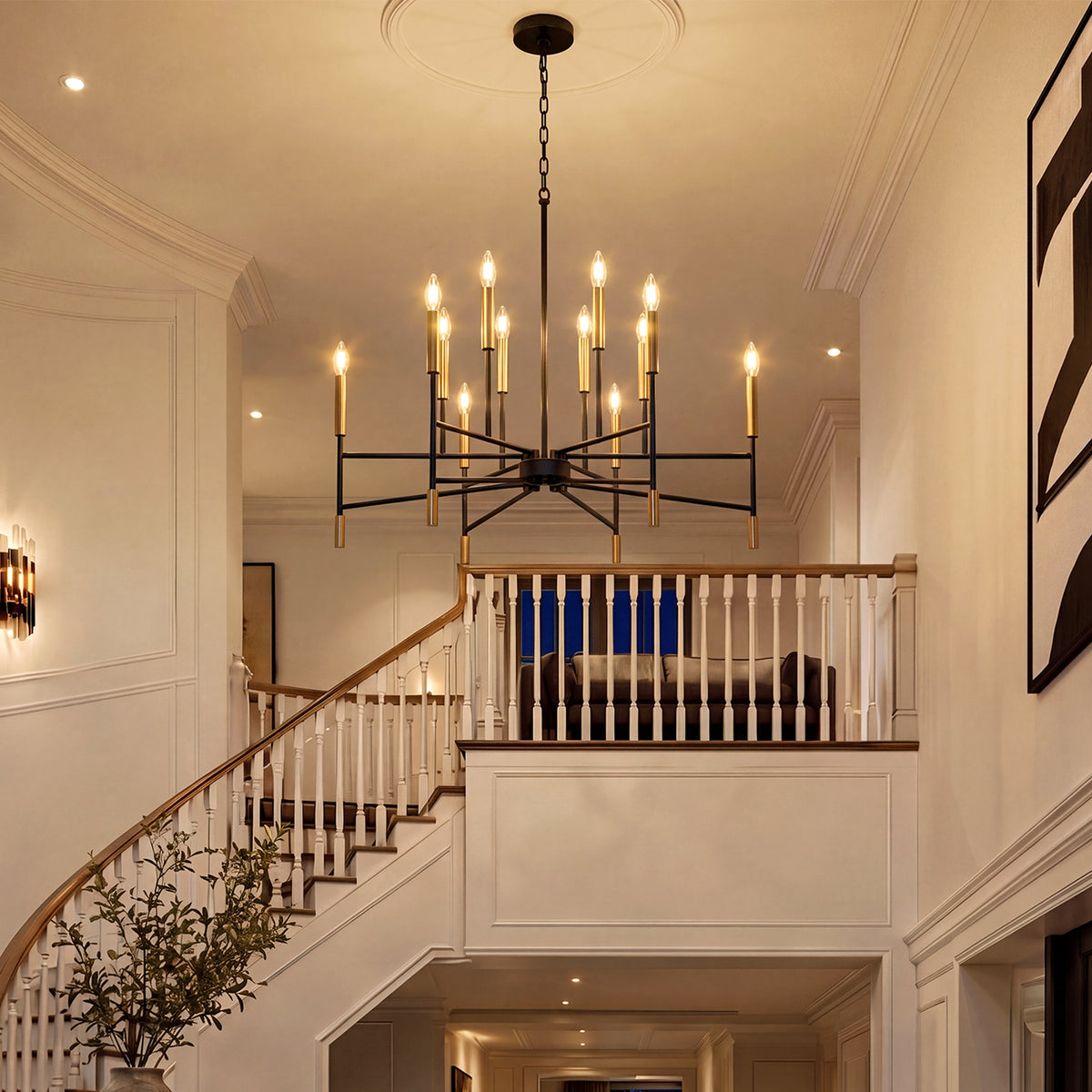 12-Light 32" Farmhouse Chandelier, Black and Gold Candle Ceiling Light